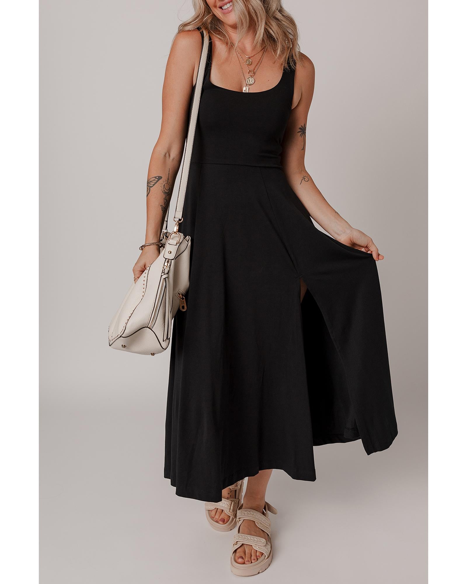 Black Sleeveless Scoop Neck Flared Split Midi Dress - XL