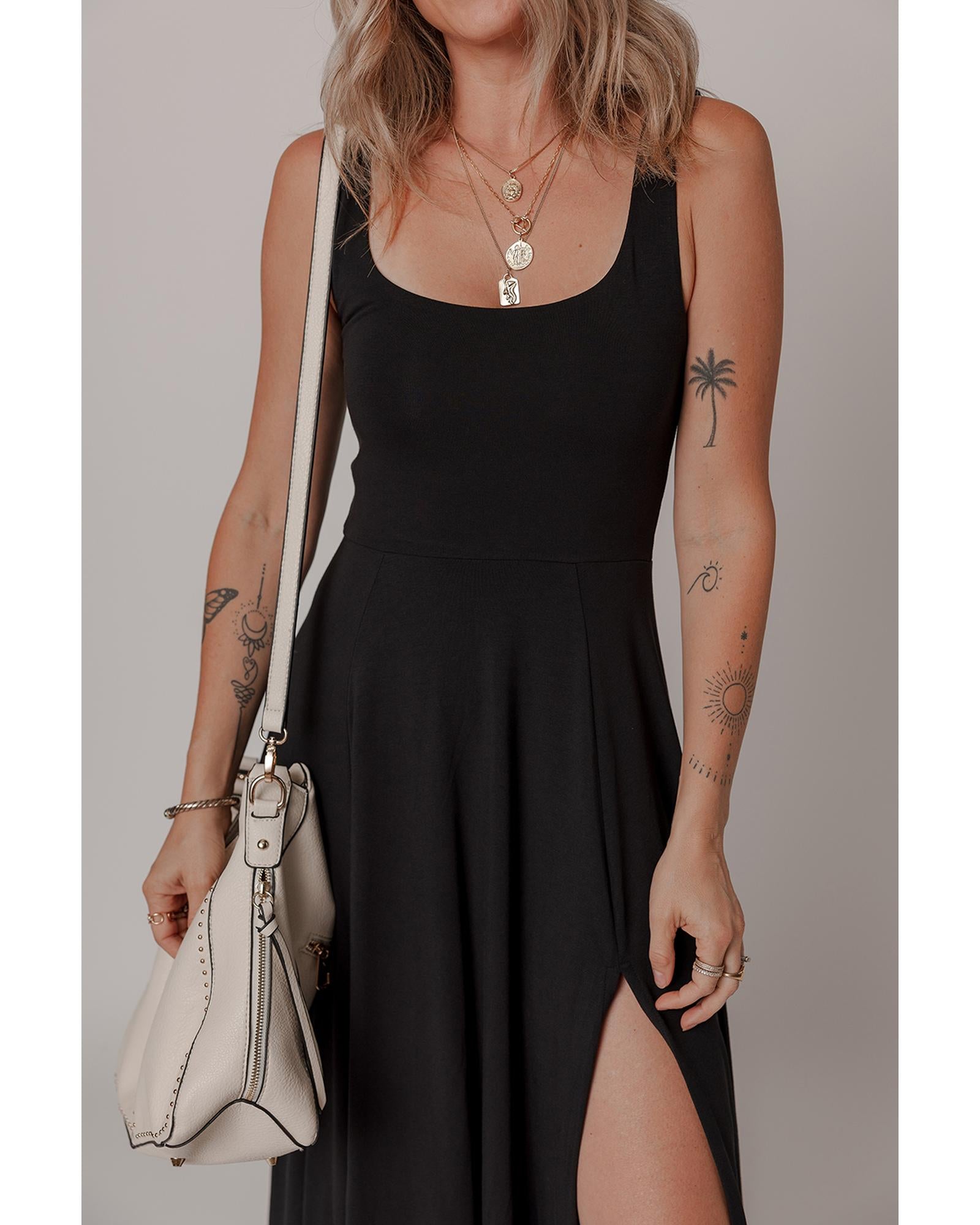 Black Sleeveless Scoop Neck Flared Split Midi Dress - XL