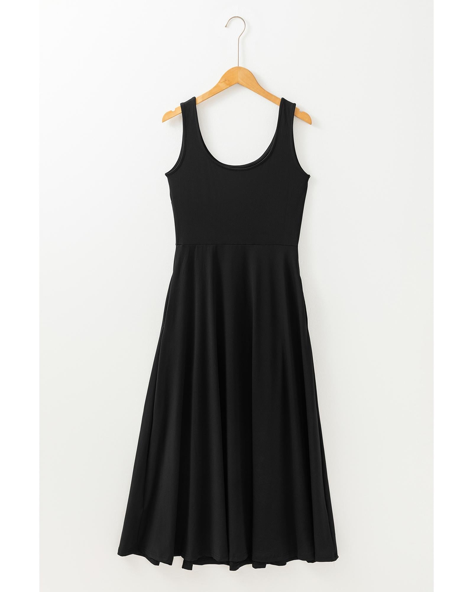 Black Sleeveless Scoop Neck Flared Split Midi Dress - XL