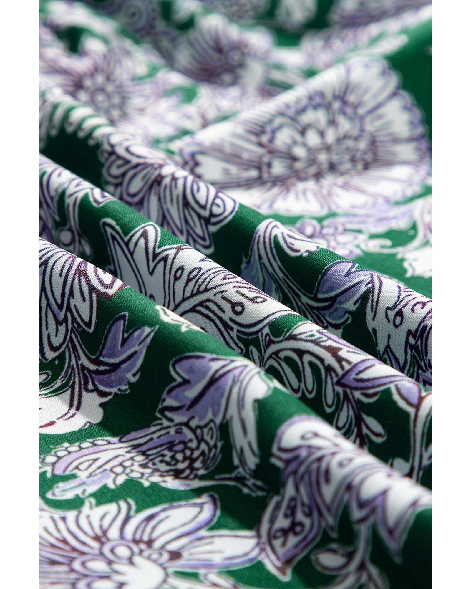 Green Floral Print Piping Trim Bubble Sleeve Square Neck Dress - M