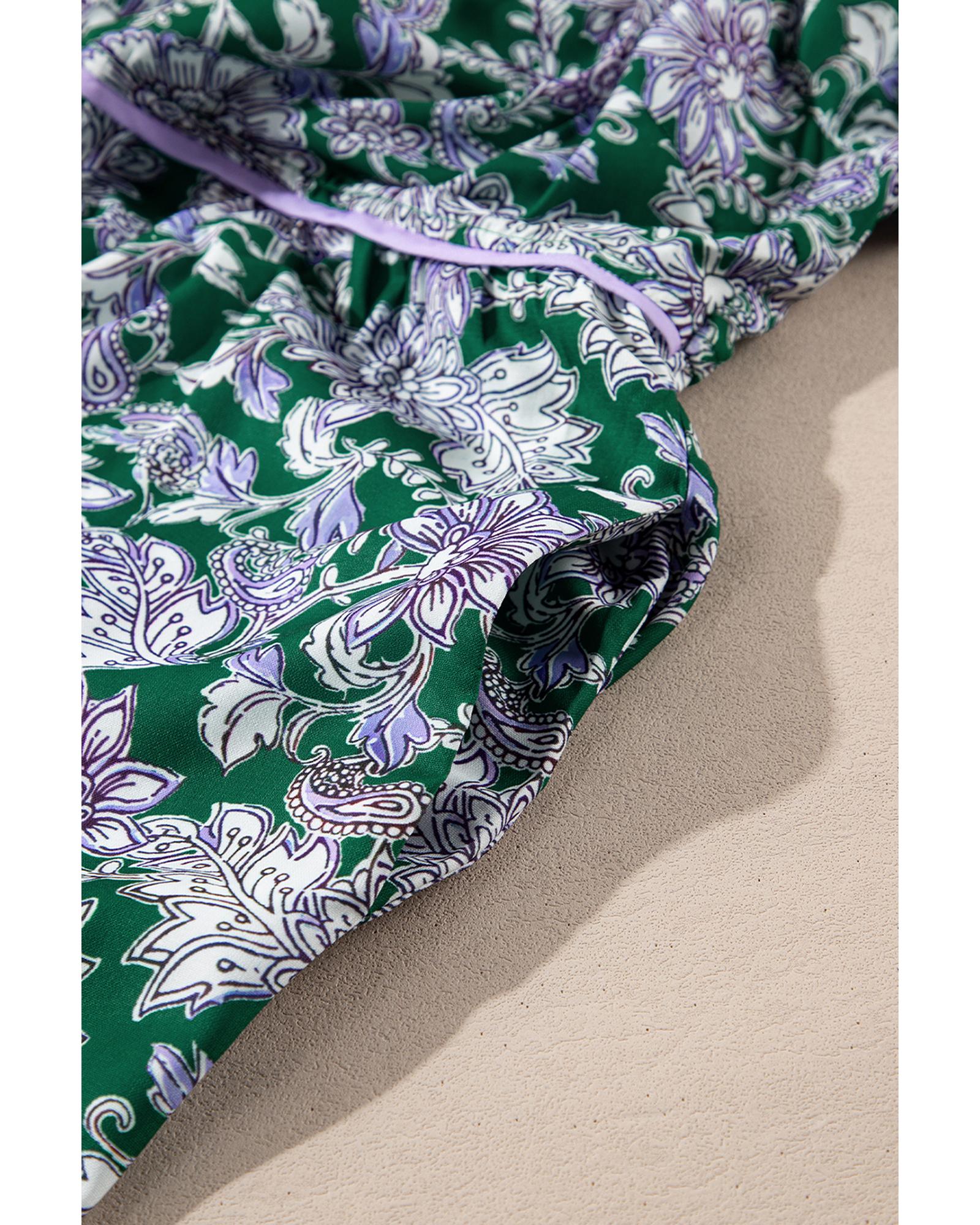 Green Floral Print Piping Trim Bubble Sleeve Square Neck Dress - S