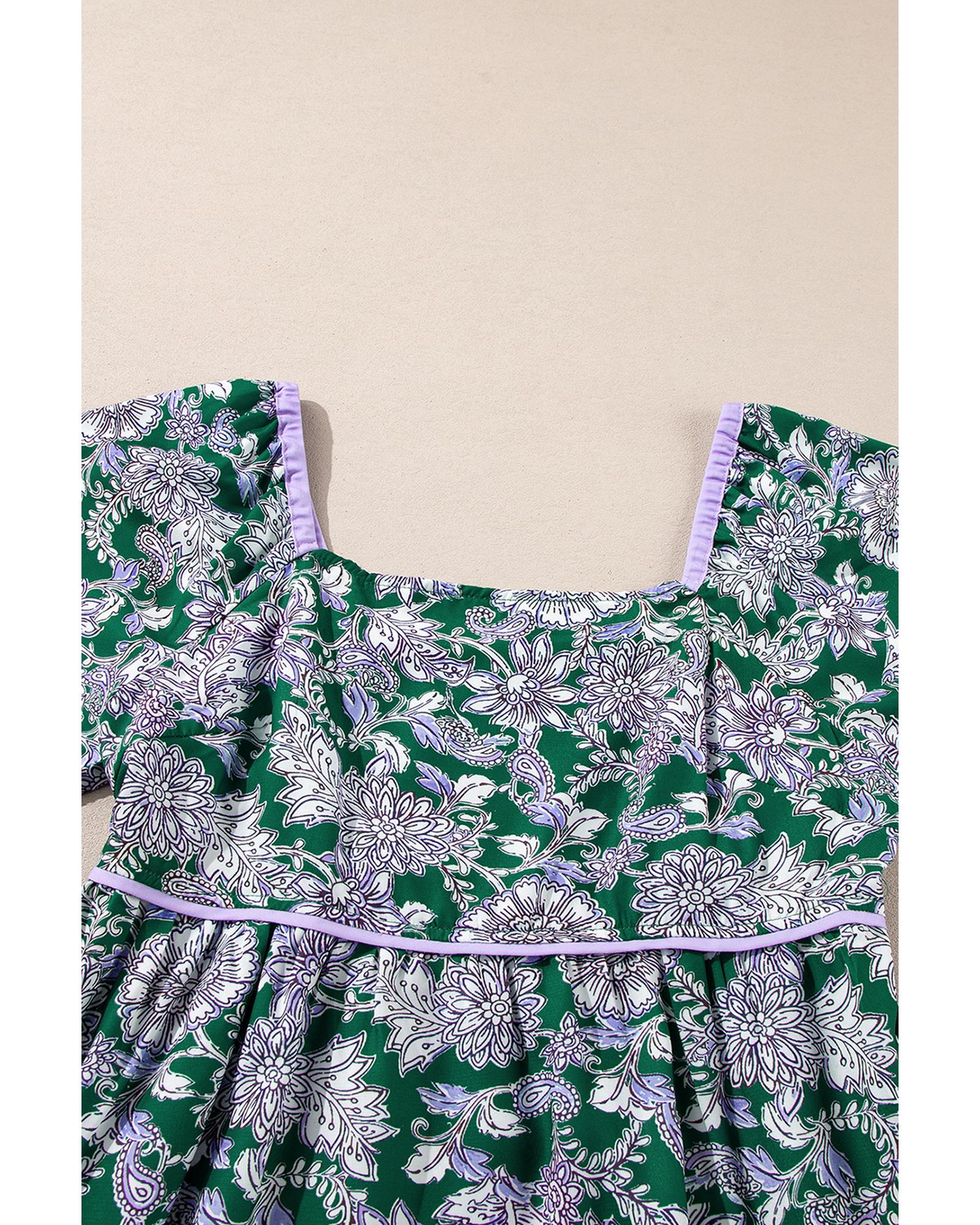 Green Floral Print Piping Trim Bubble Sleeve Square Neck Dress - S