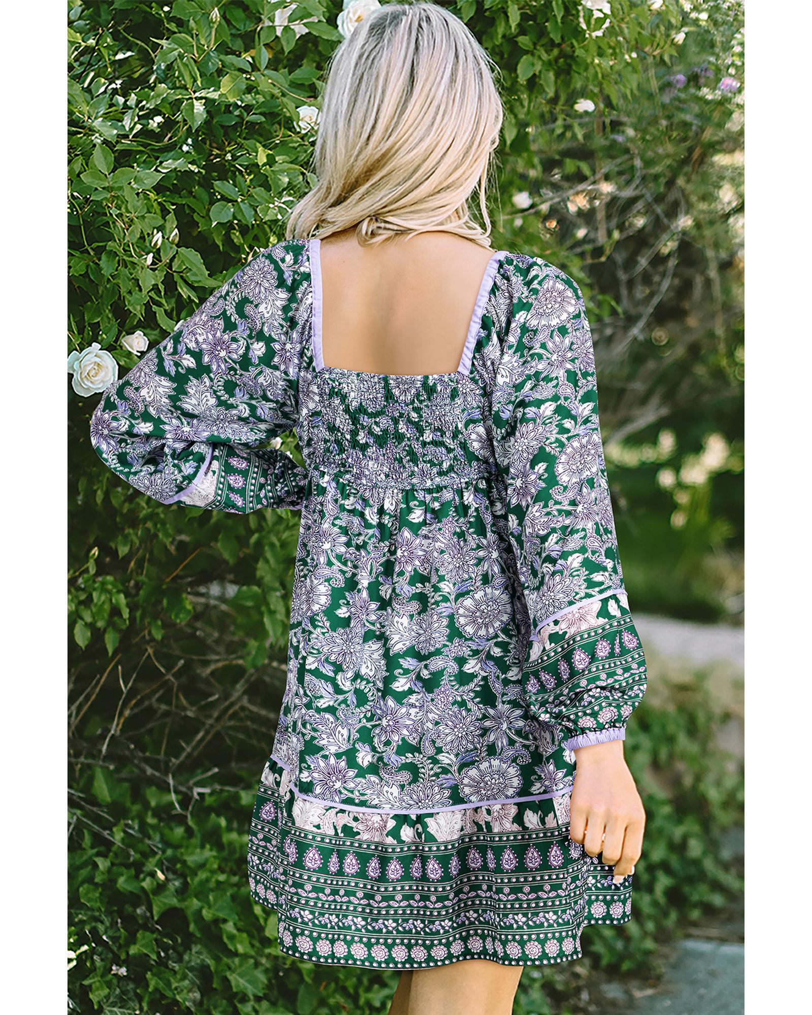 Green Floral Print Piping Trim Bubble Sleeve Square Neck Dress - XL