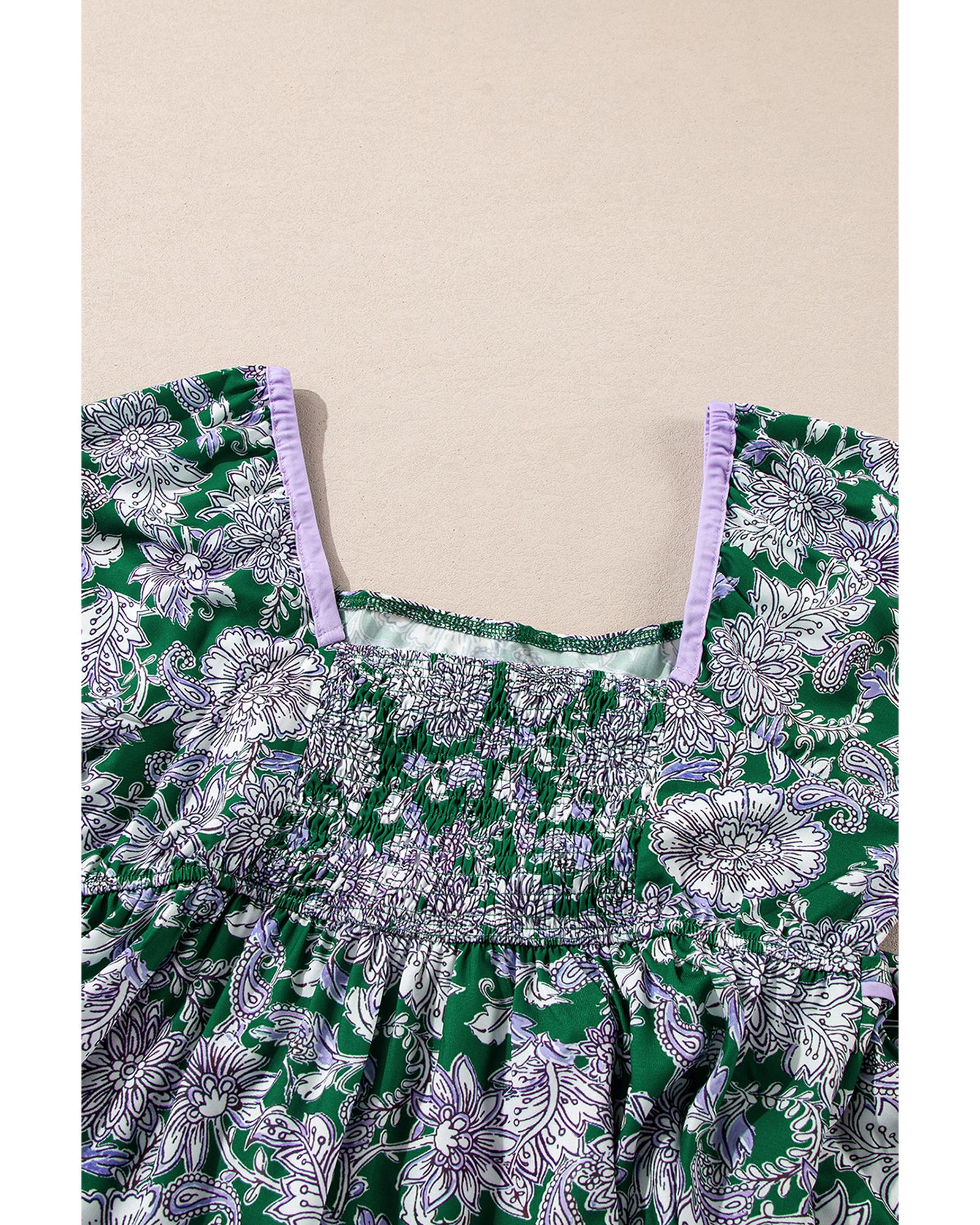 Green Floral Print Piping Trim Bubble Sleeve Square Neck Dress - XL