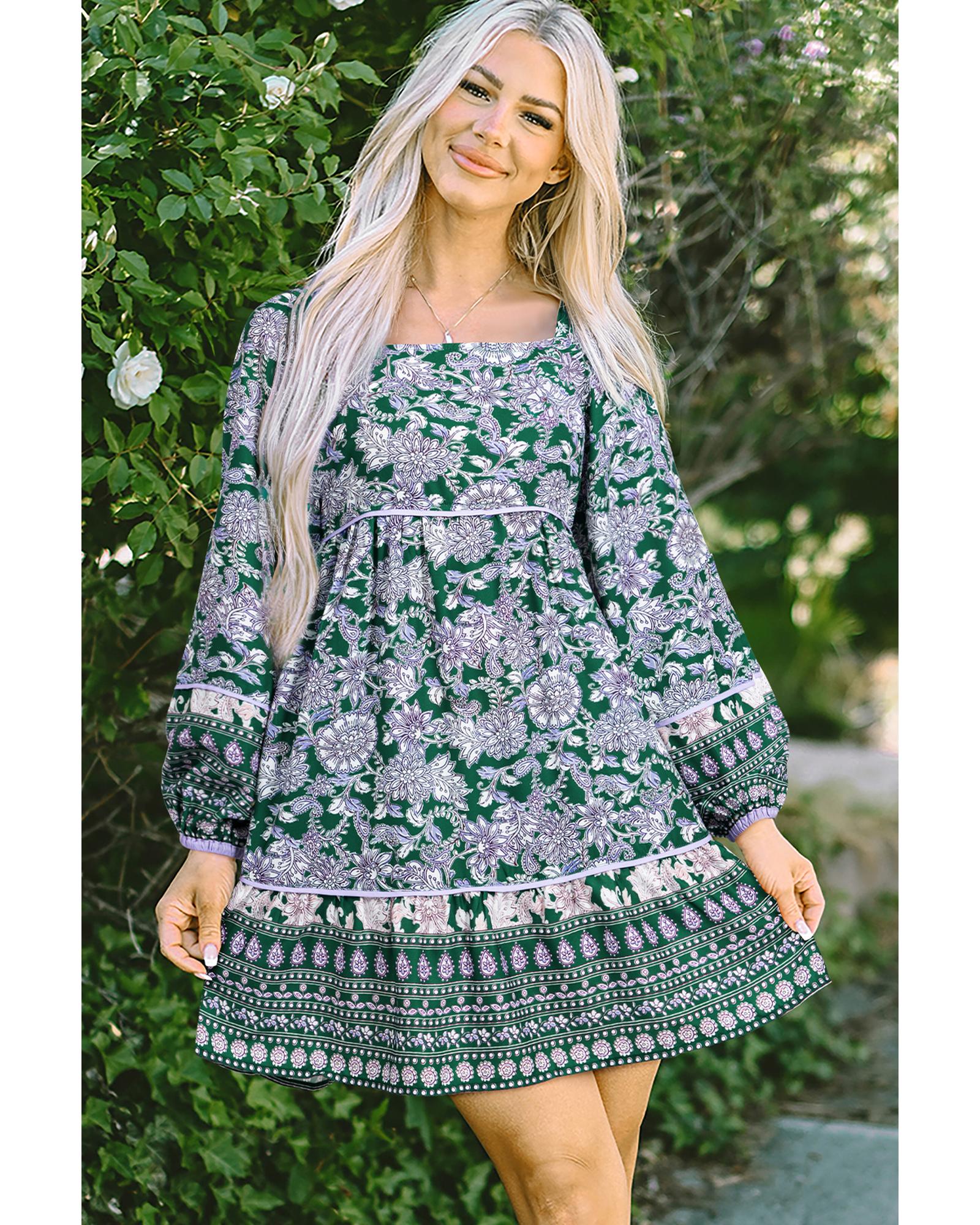 Green Floral Print Piping Trim Bubble Sleeve Square Neck Dress - XL