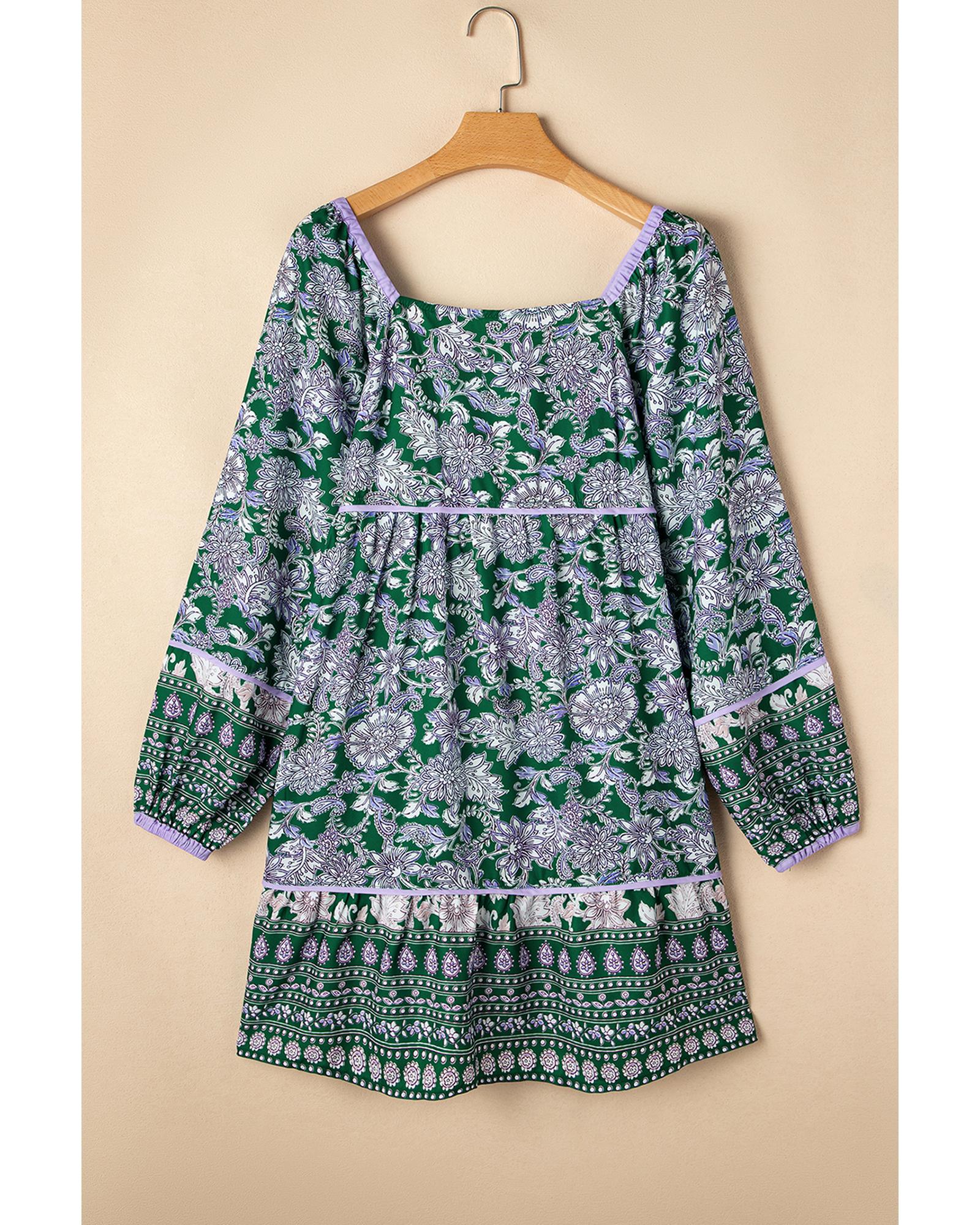 Green Floral Print Piping Trim Bubble Sleeve Square Neck Dress - XL