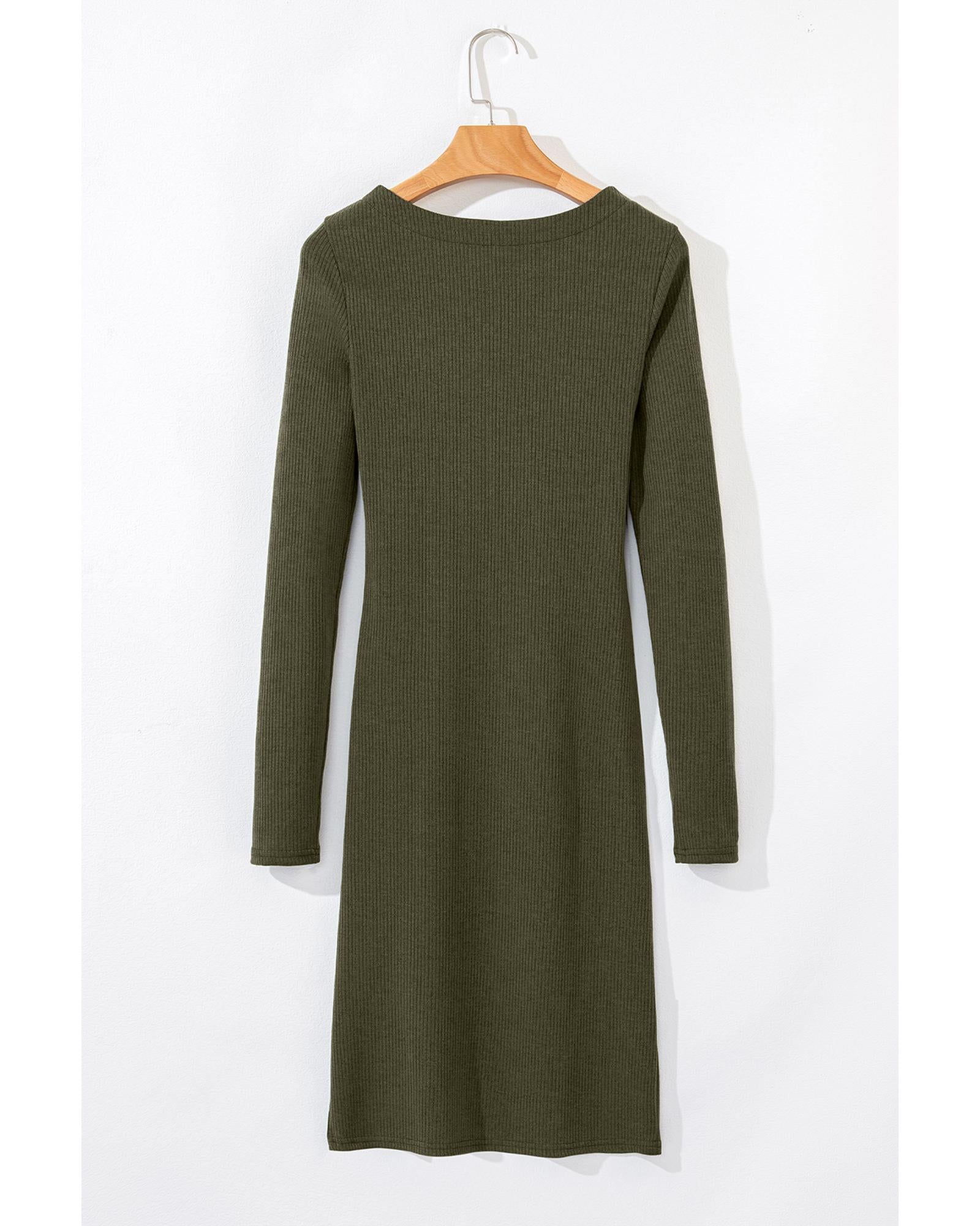 Jungle Green Ribbed Side Slit Ruched Slim Fit Long Sleeve Mini Dress - L