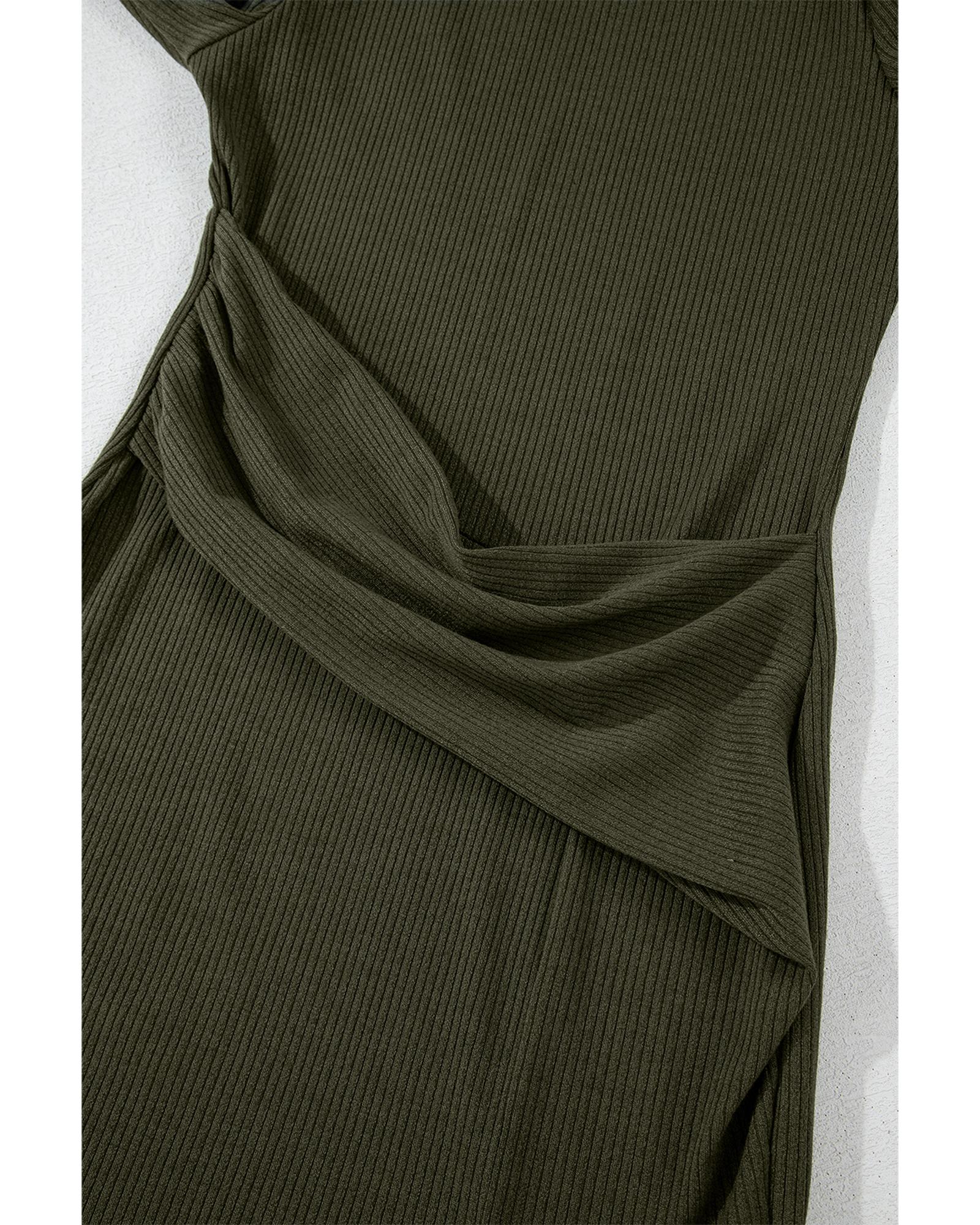 Jungle Green Ribbed Side Slit Ruched Slim Fit Long Sleeve Mini Dress - L