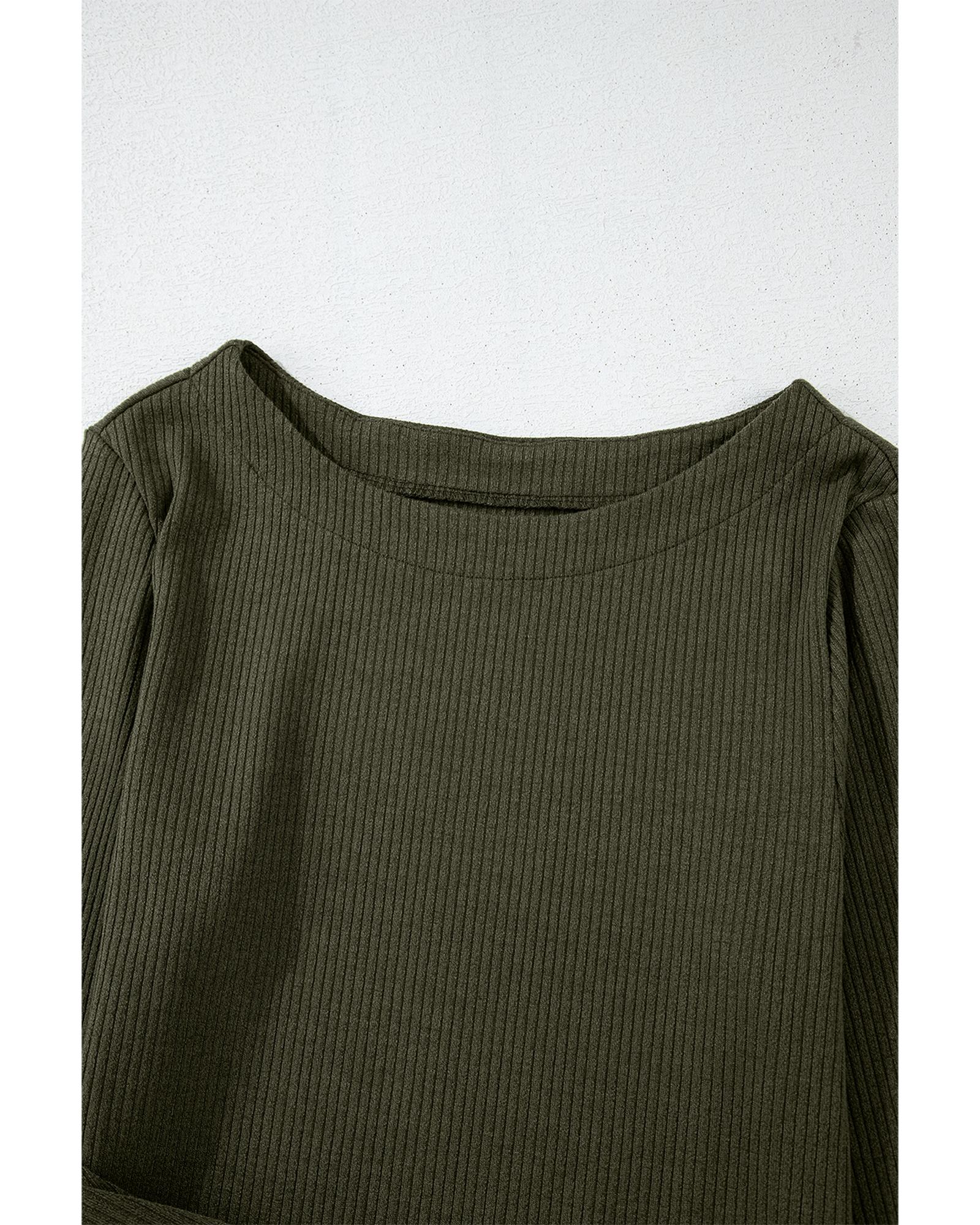 Jungle Green Ribbed Side Slit Ruched Slim Fit Long Sleeve Mini Dress - M