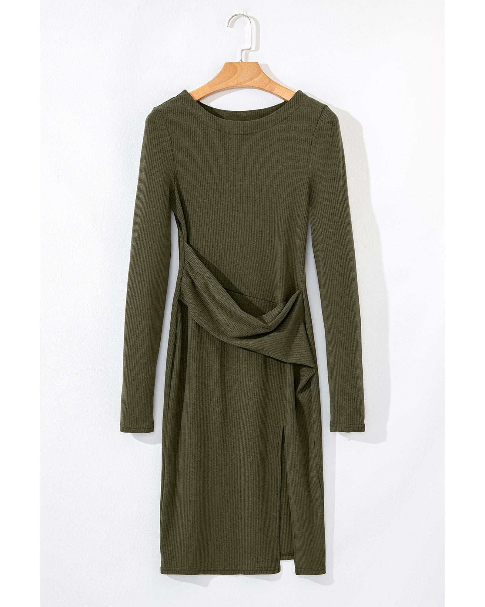 Jungle Green Ribbed Side Slit Ruched Slim Fit Long Sleeve Mini Dress - XL