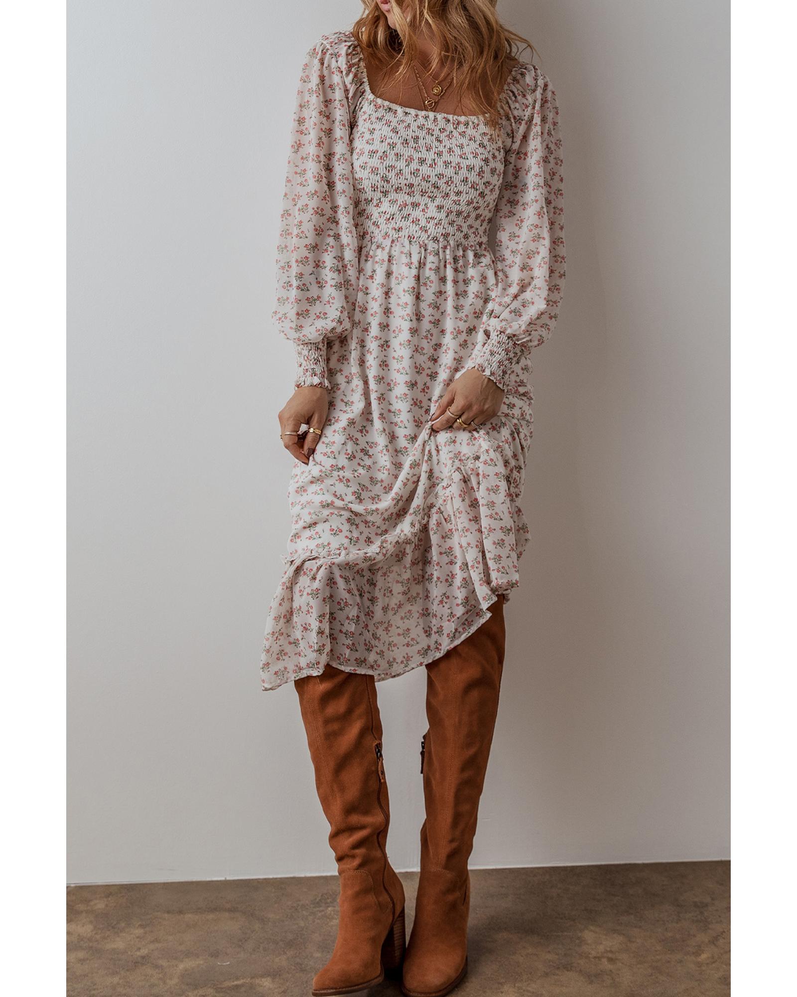 White Floral Print Shirred Ruffled Hem Square Neck Midi Dress - L