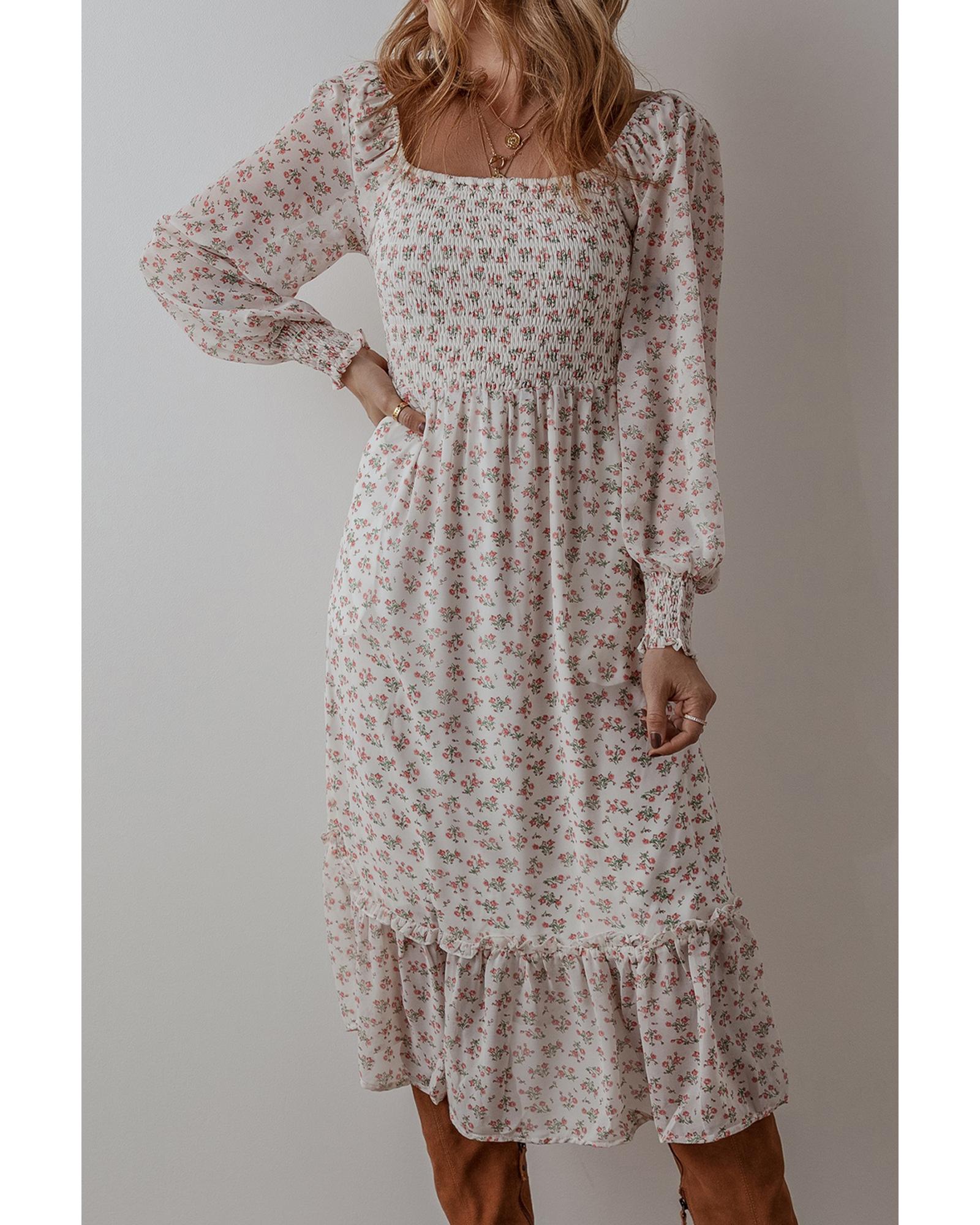 White Floral Print Shirred Ruffled Hem Square Neck Midi Dress - XL