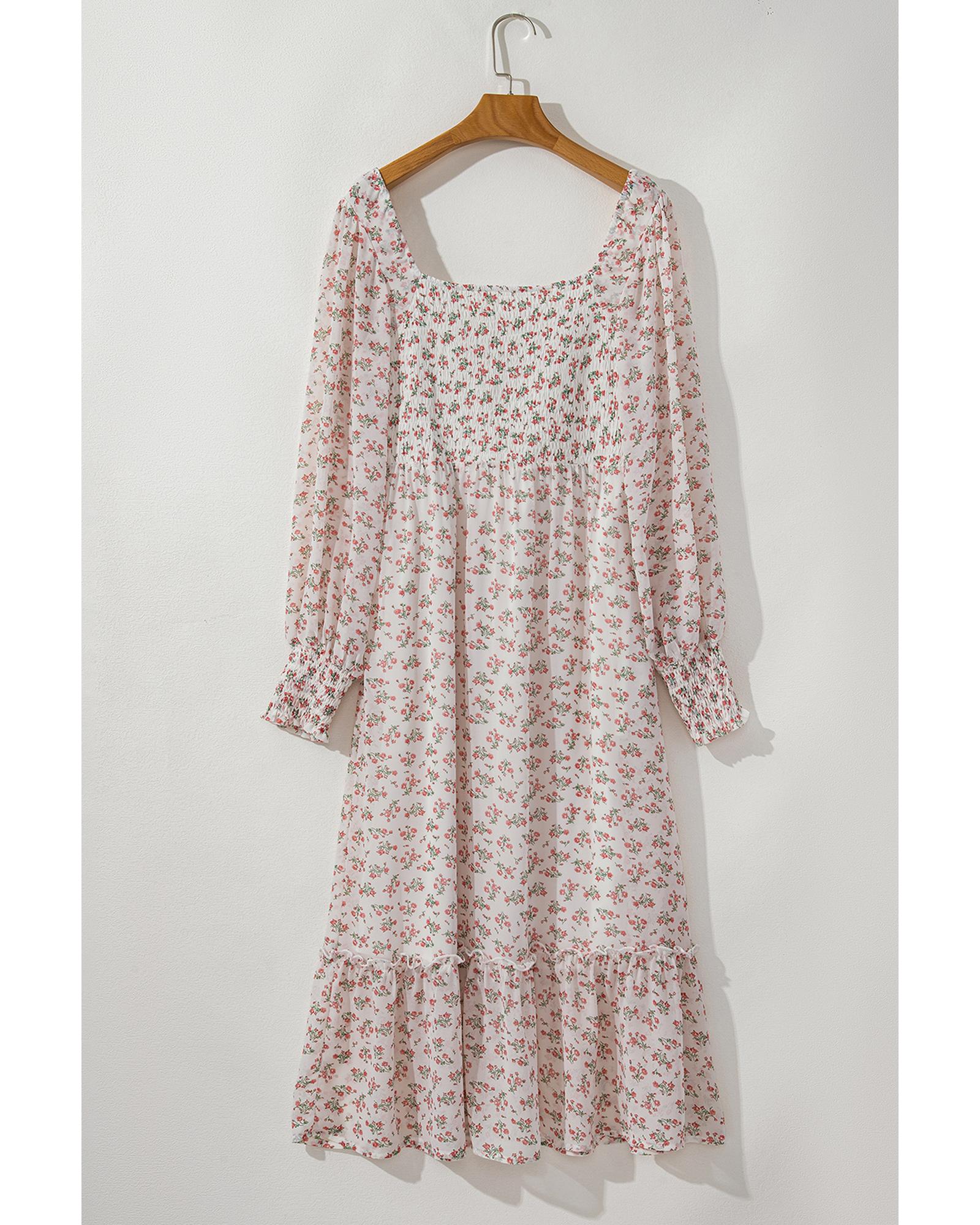 White Floral Print Shirred Ruffled Hem Square Neck Midi Dress - XL