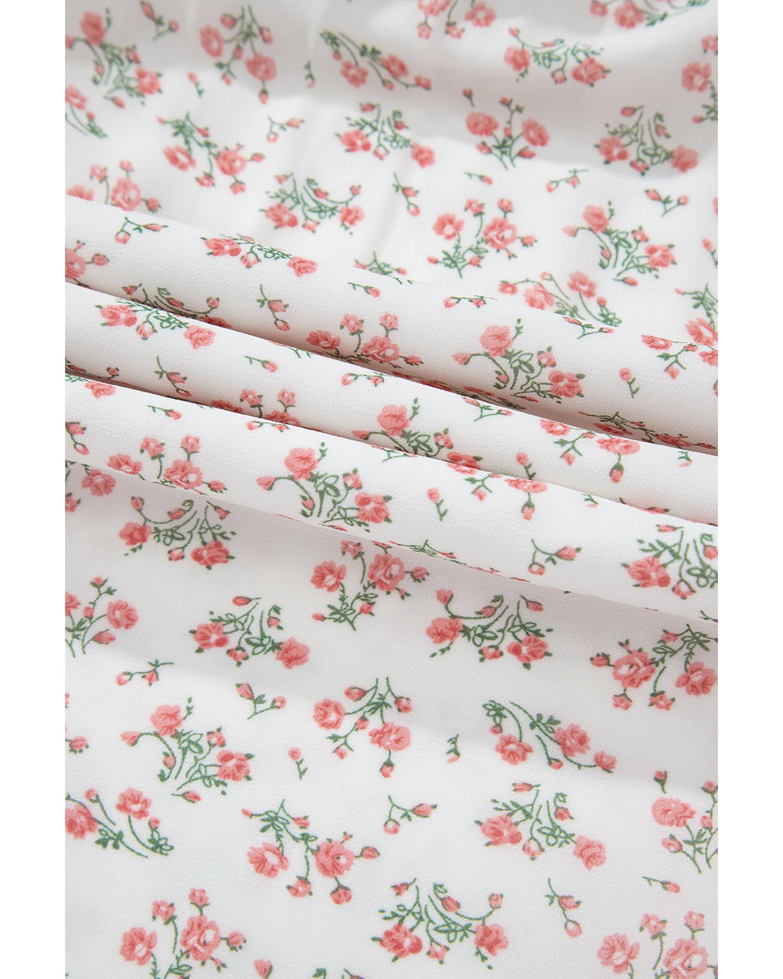 White Floral Print Shirred Ruffled Hem Square Neck Midi Dress - XL