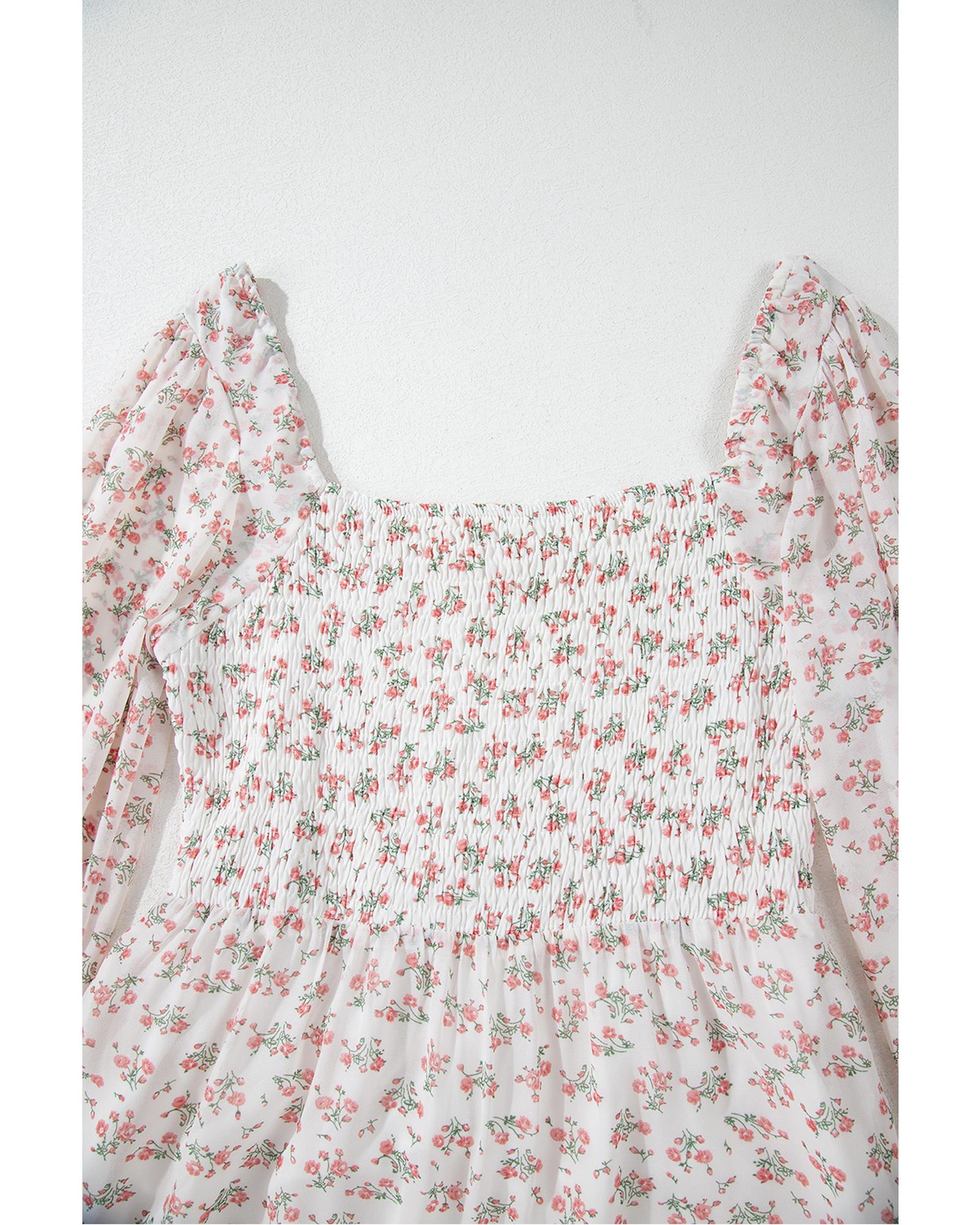 White Floral Print Shirred Ruffled Hem Square Neck Midi Dress - XL