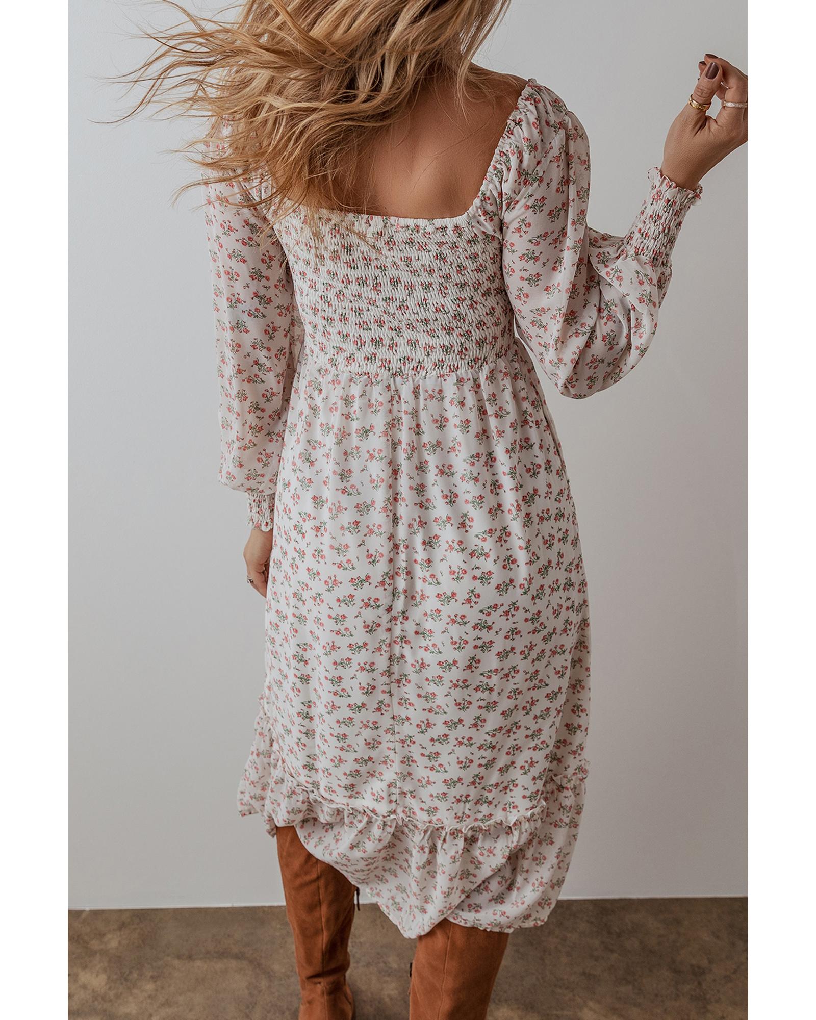 White Floral Print Shirred Ruffled Hem Square Neck Midi Dress - XL