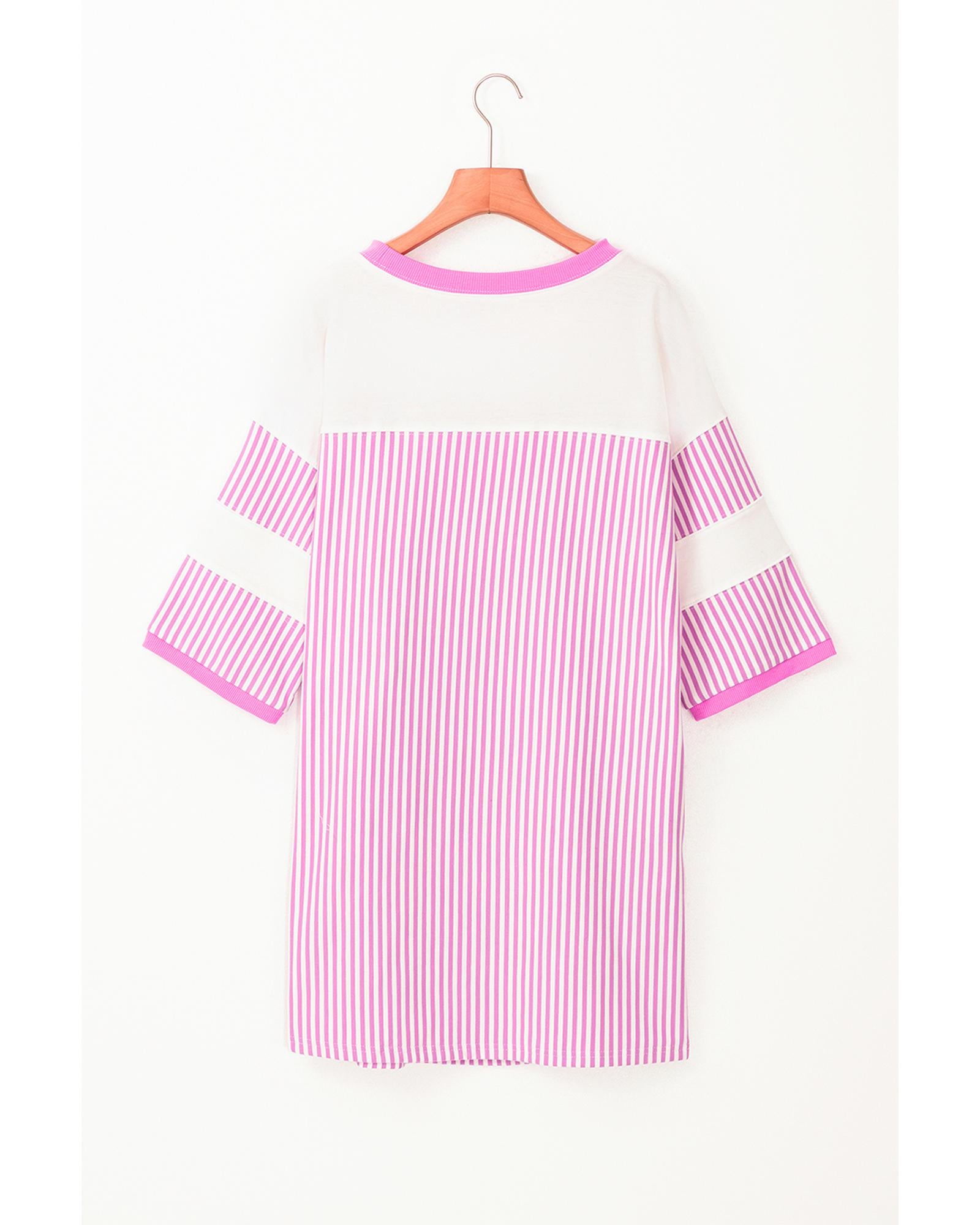 Phalaenopsis Striped Patchwork Three Quarters Sleeve Loose Mini Dress - L