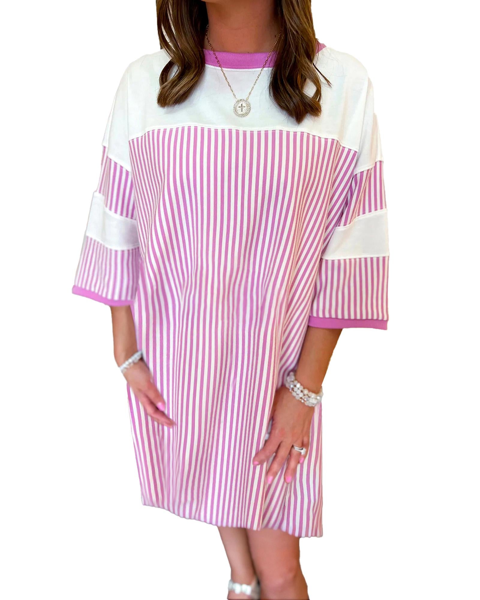 Phalaenopsis Striped Patchwork Three Quarters Sleeve Loose Mini Dress - M