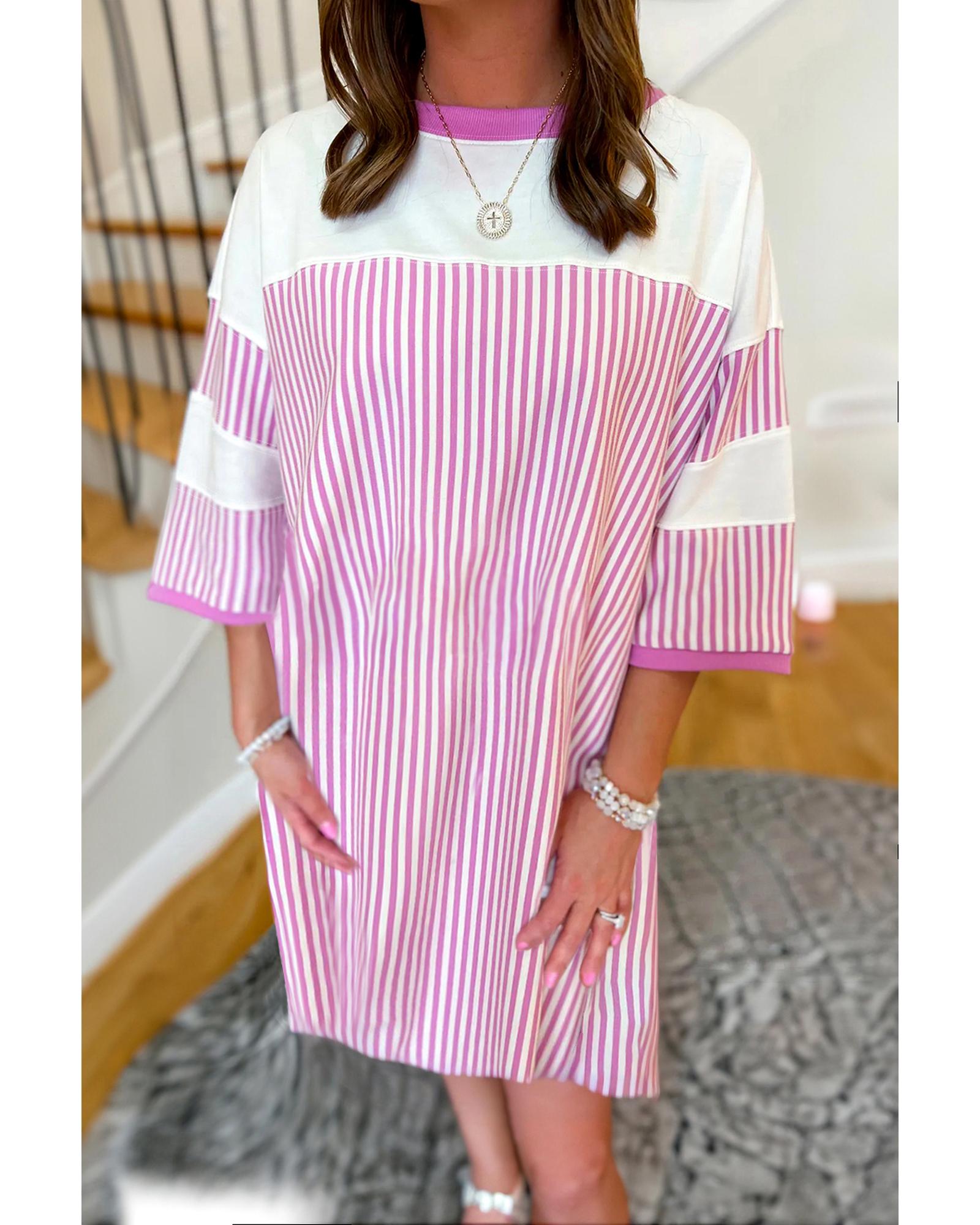 Phalaenopsis Striped Patchwork Three Quarters Sleeve Loose Mini Dress - M