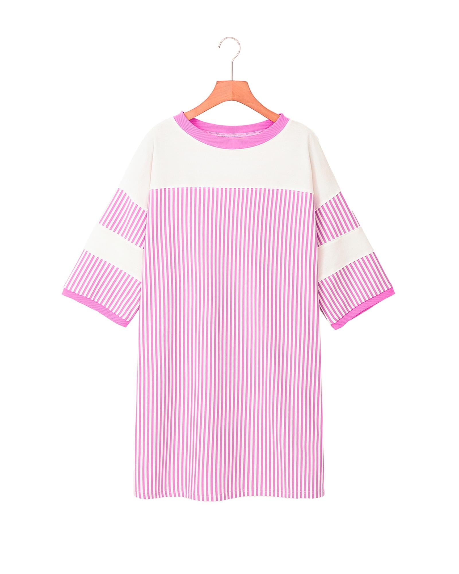 Phalaenopsis Striped Patchwork Three Quarters Sleeve Loose Mini Dress - S