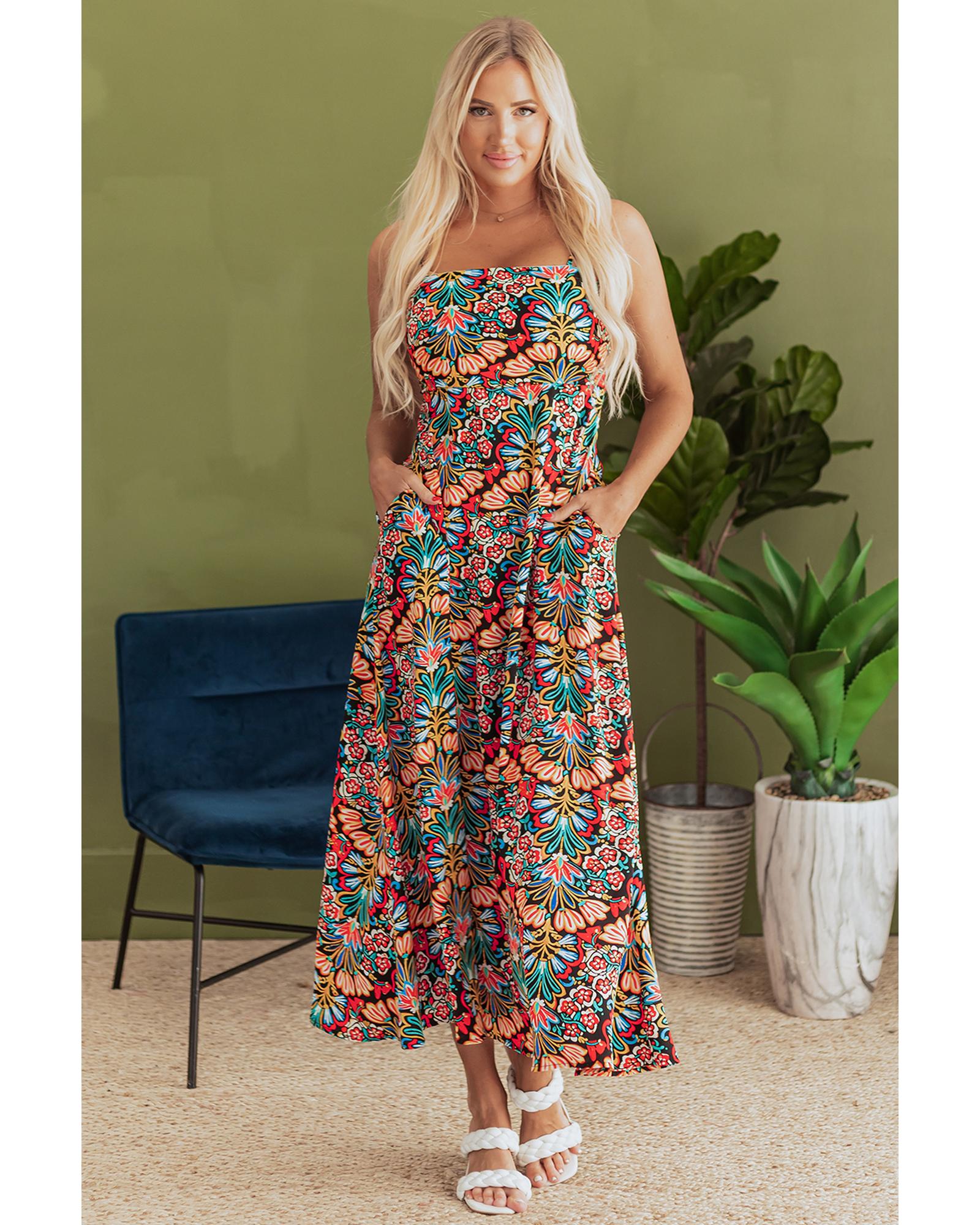 Black Boho Floral Print Thin Straps Sleeveless High Waist Maxi Dress - XL