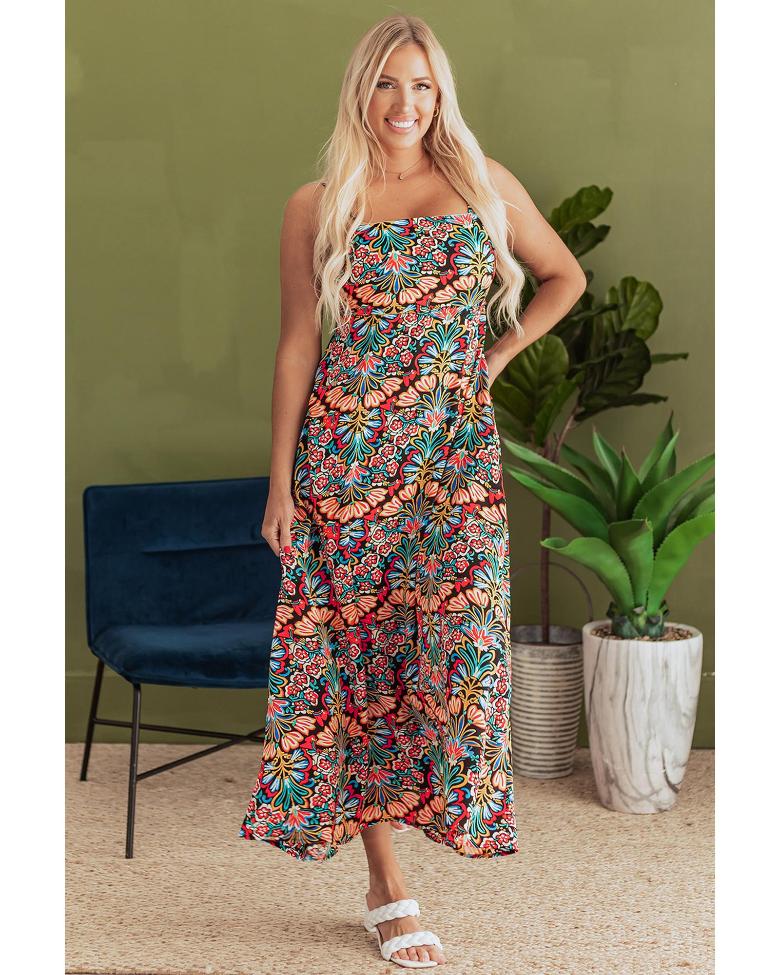 Black Boho Floral Print Thin Straps Sleeveless High Waist Maxi Dress - XL