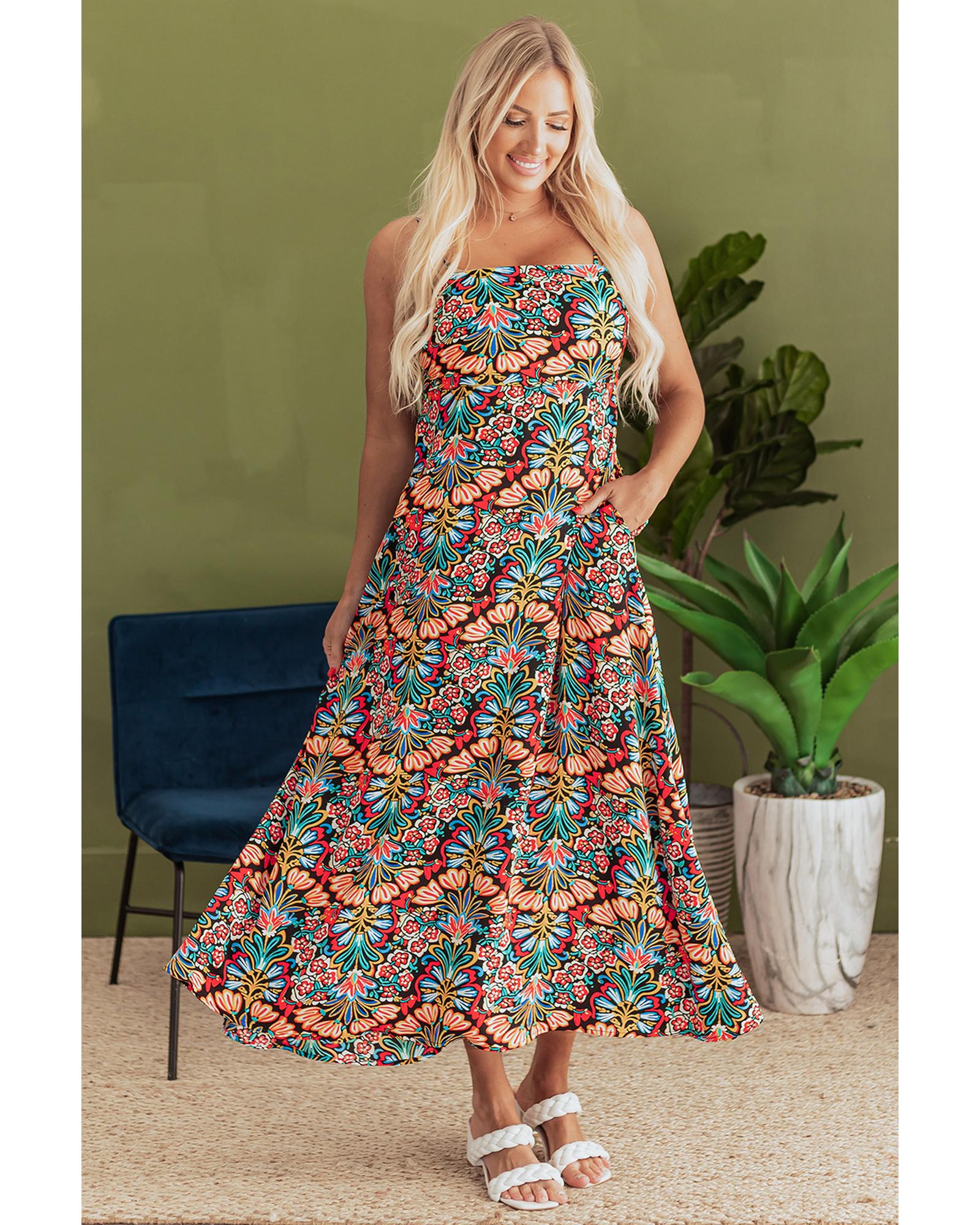 Black Boho Floral Print Thin Straps Sleeveless High Waist Maxi Dress - XL
