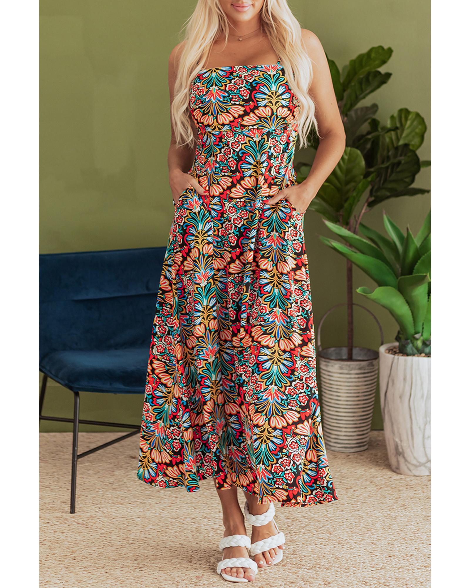 Black Boho Floral Print Thin Straps Sleeveless High Waist Maxi Dress - XL