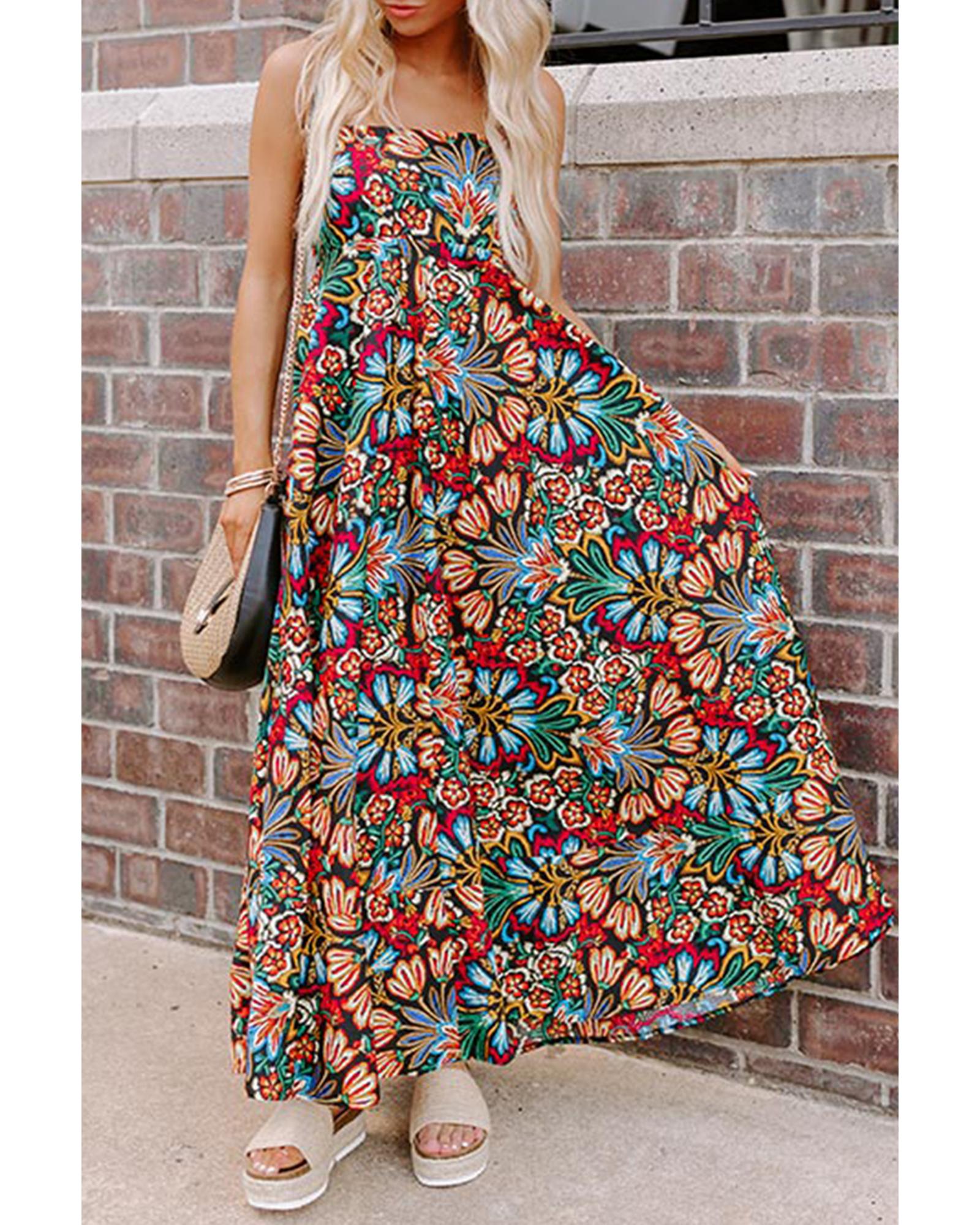 Black Boho Floral Print Thin Straps Sleeveless High Waist Maxi Dress - XL