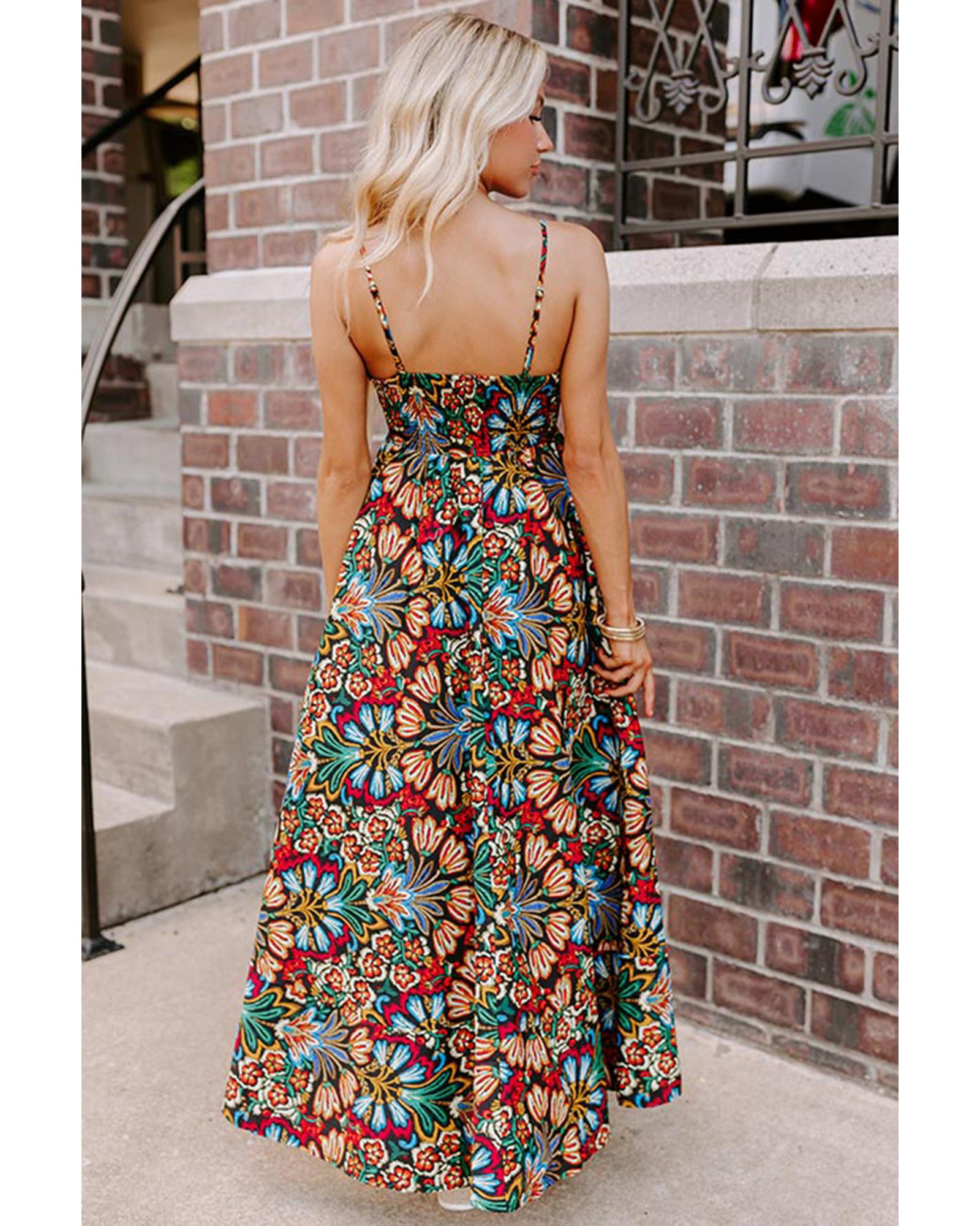 Black Boho Floral Print Thin Straps Sleeveless High Waist Maxi Dress - XL