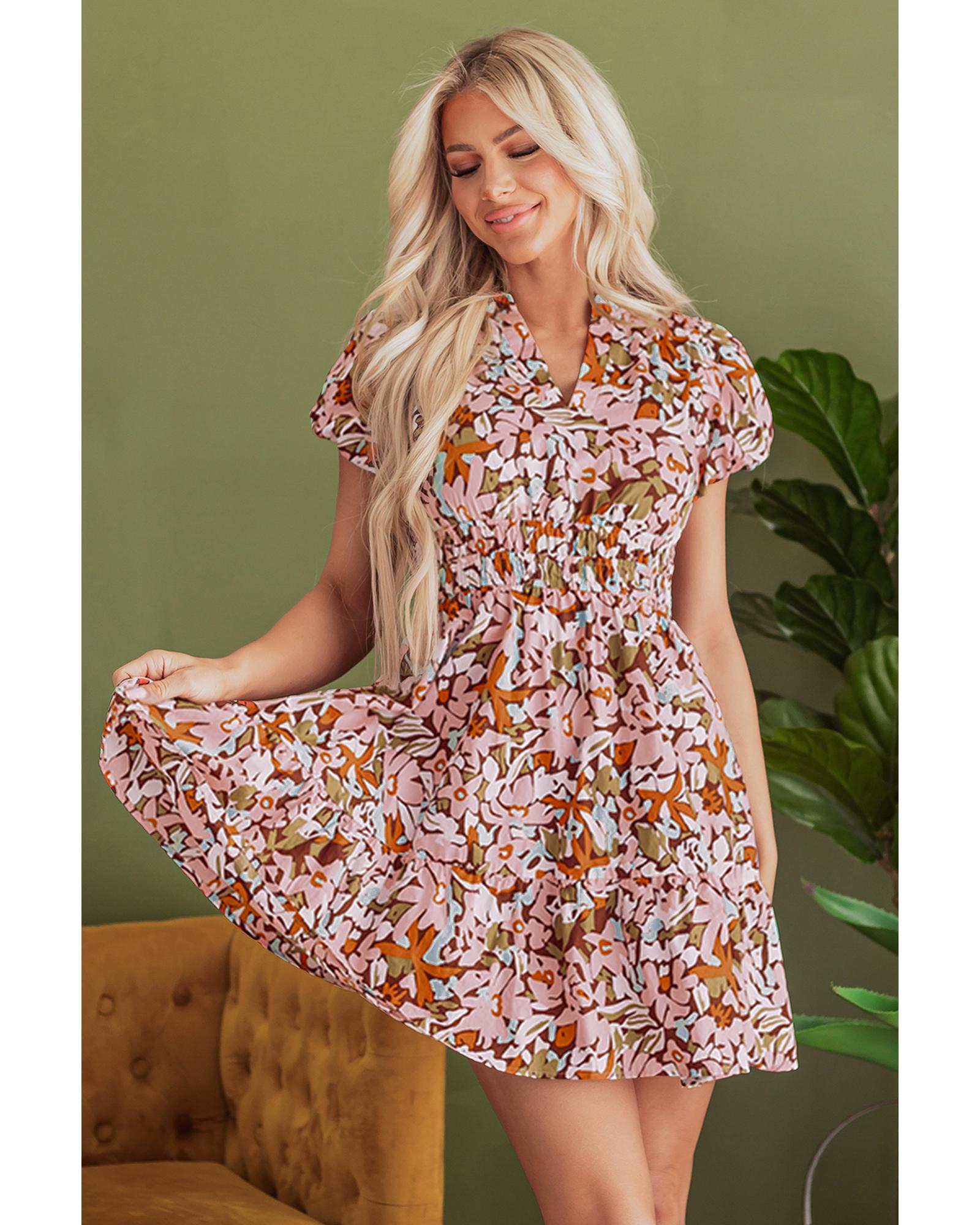 Pink Floral Print Puff Sleeve Shirred High Waist Mini Dress - M