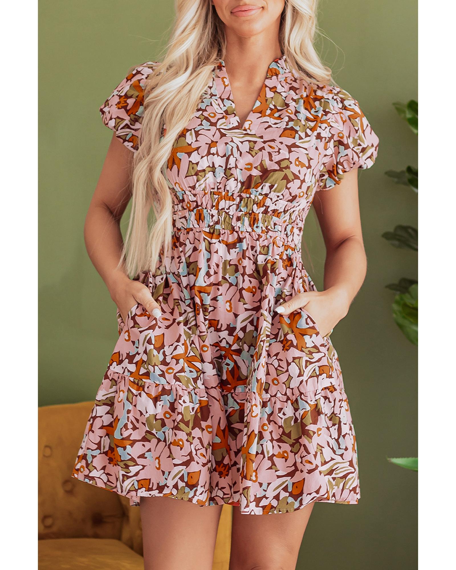 Pink Floral Print Puff Sleeve Shirred High Waist Mini Dress - M
