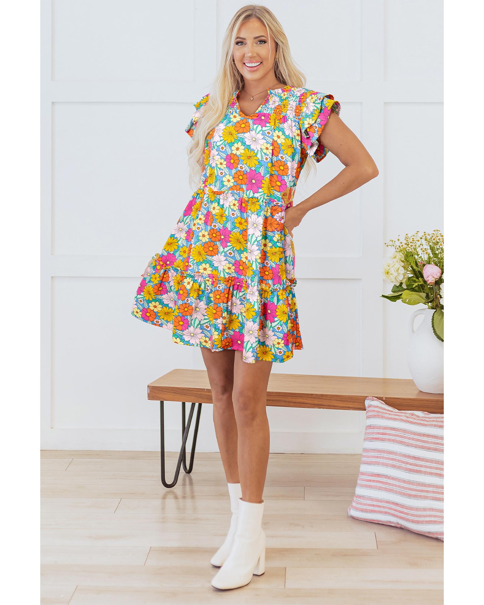 Sky Blue Floral Print Smocked Notch V Neck Flutter Sleeve Mini Dress - L