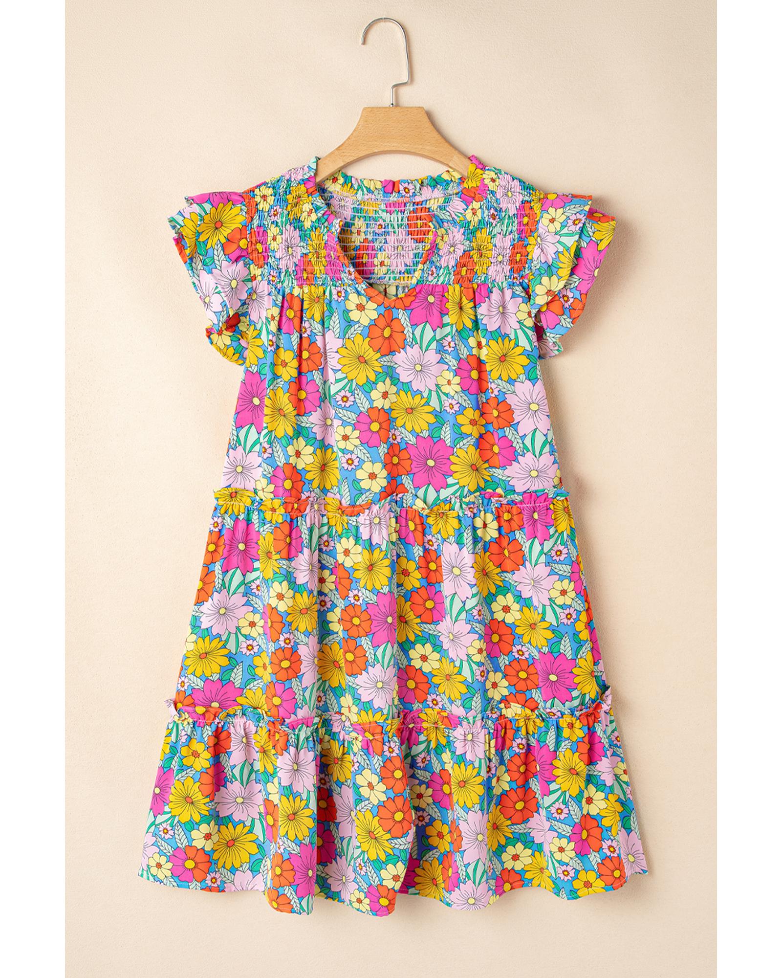 Sky Blue Floral Print Smocked Notch V Neck Flutter Sleeve Mini Dress - L