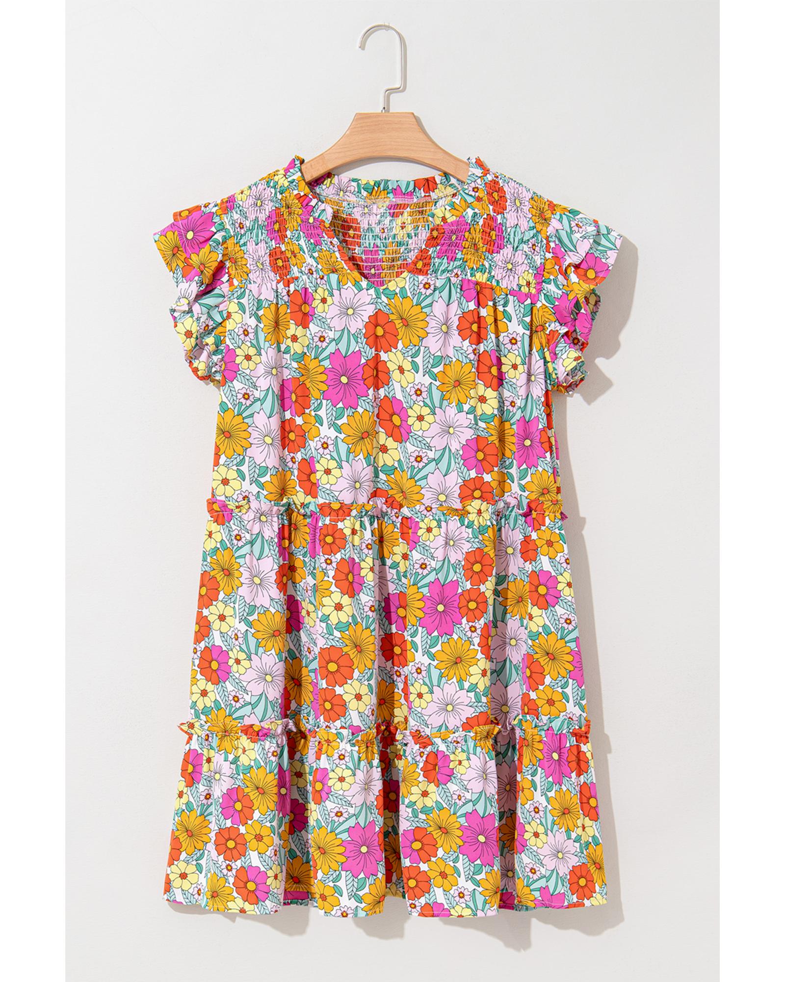 Sky Blue Floral Print Smocked Notch V Neck Flutter Sleeve Mini Dress - M