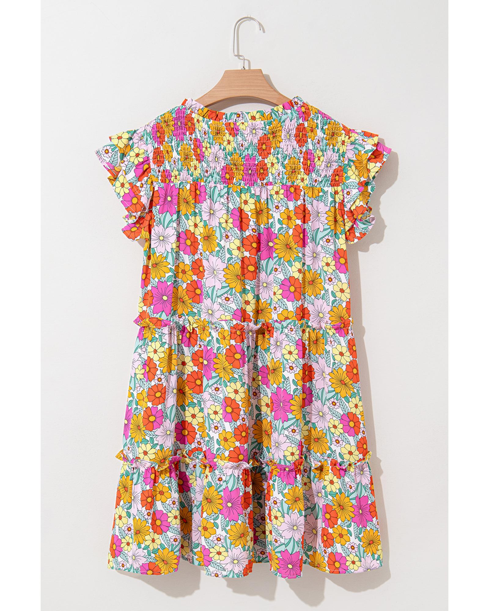 Sky Blue Floral Print Smocked Notch V Neck Flutter Sleeve Mini Dress - M