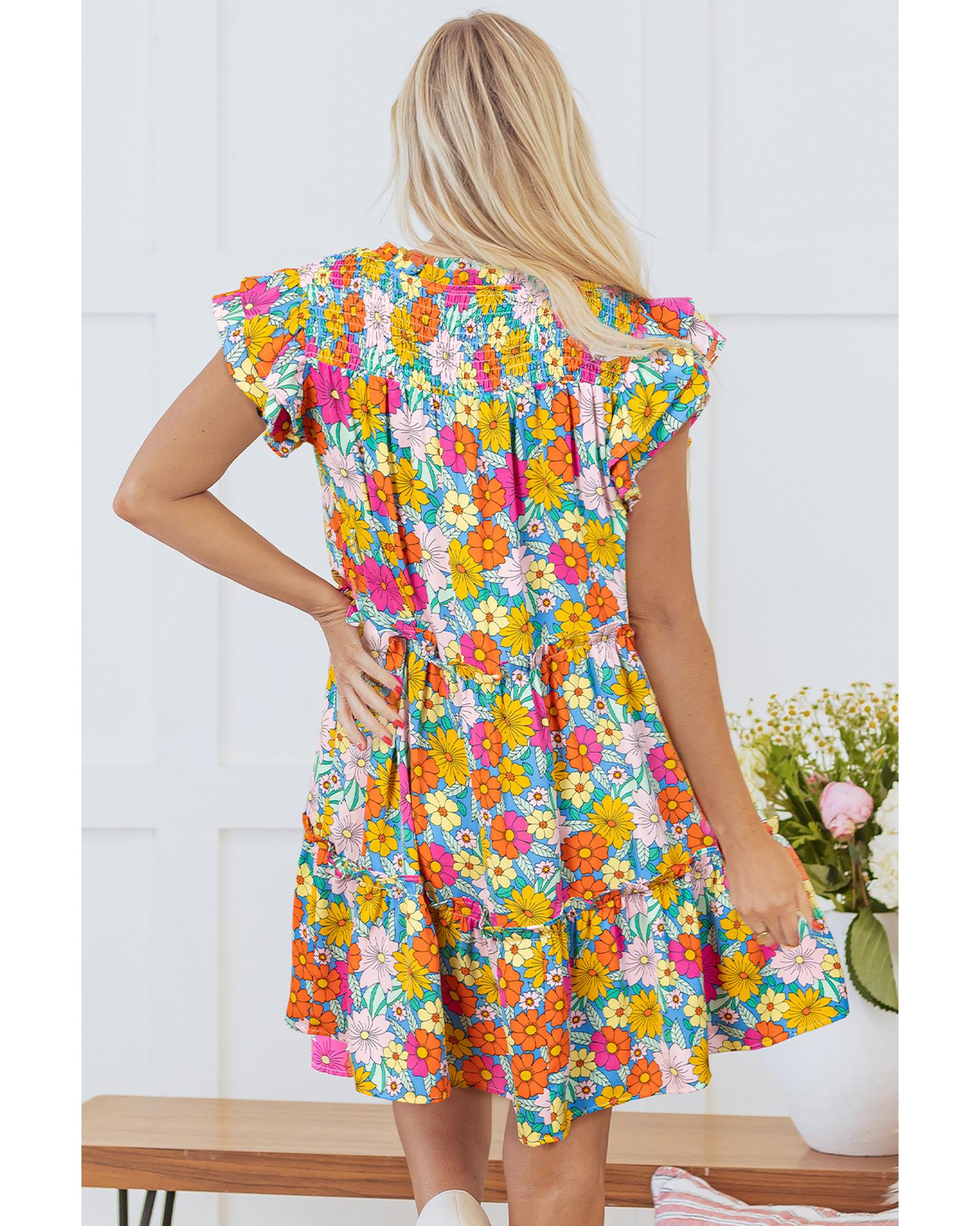 Sky Blue Floral Print Smocked Notch V Neck Flutter Sleeve Mini Dress - XL