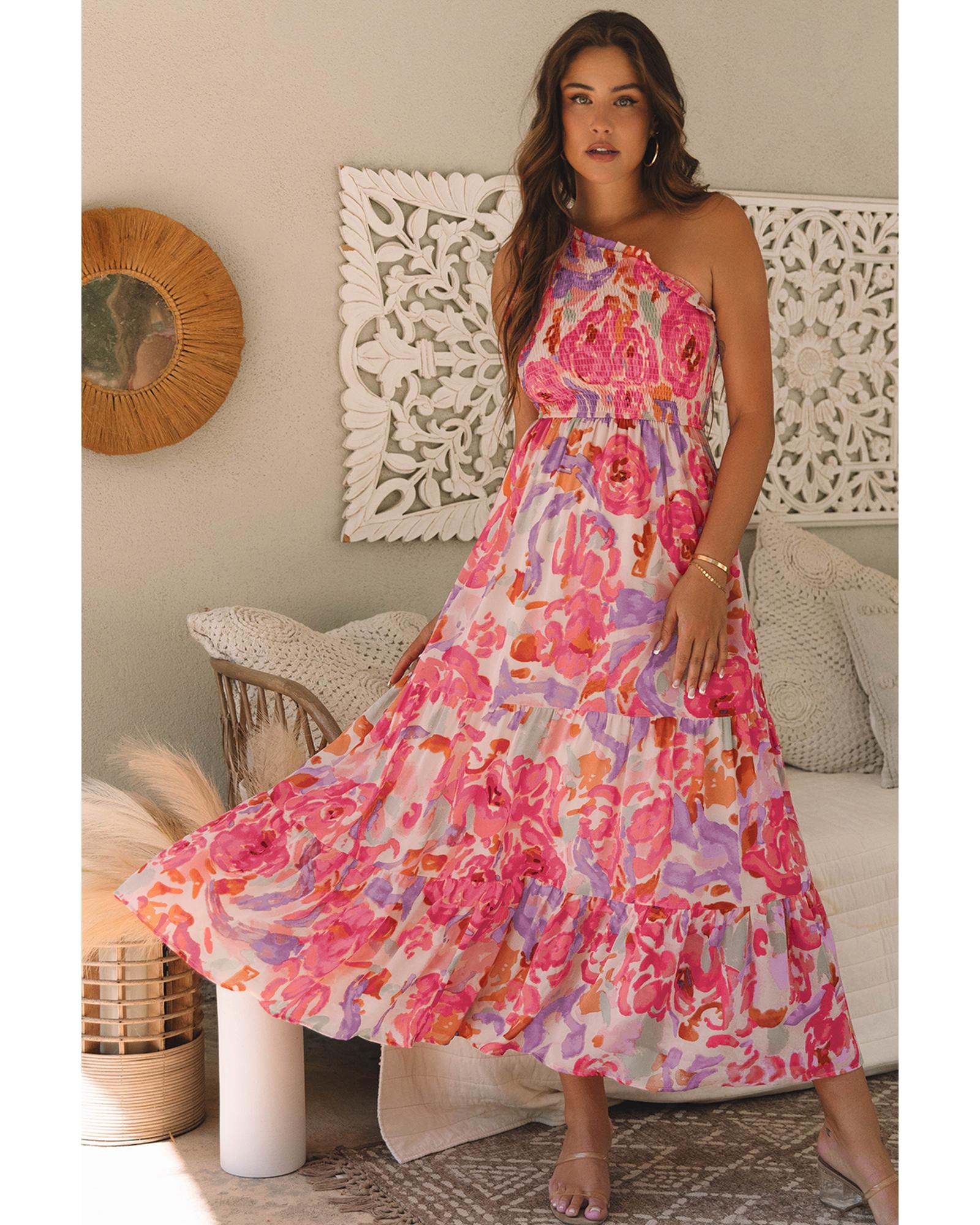 Pink Abstract Floral Print Shirred One Shoulder Maxi Dress - L