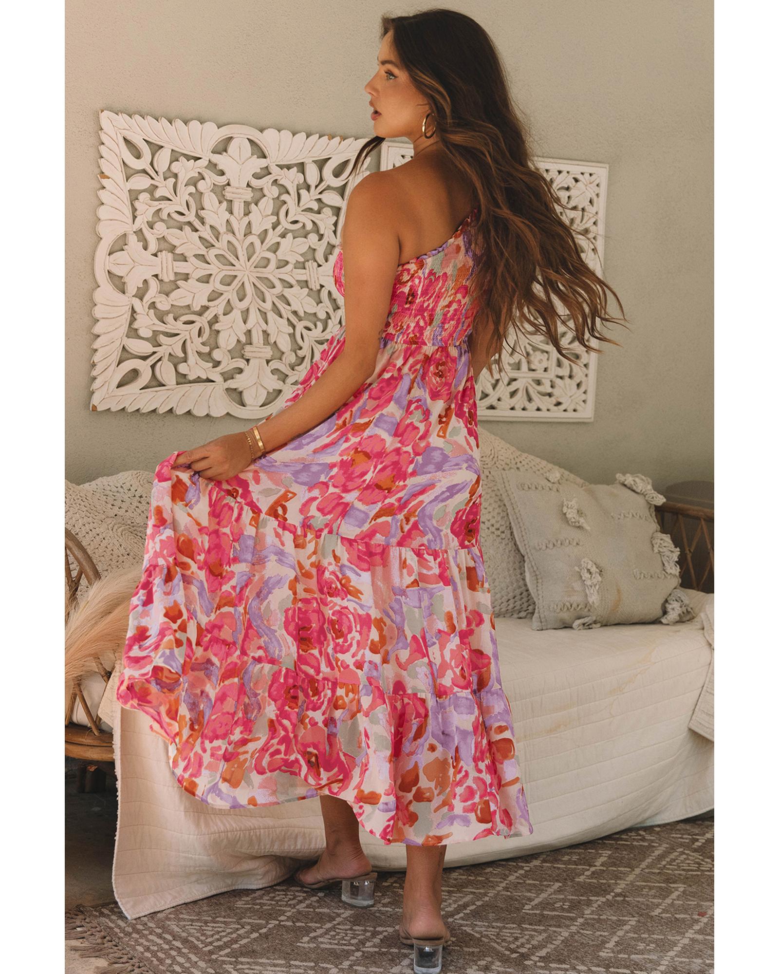 Pink Abstract Floral Print Shirred One Shoulder Maxi Dress - L