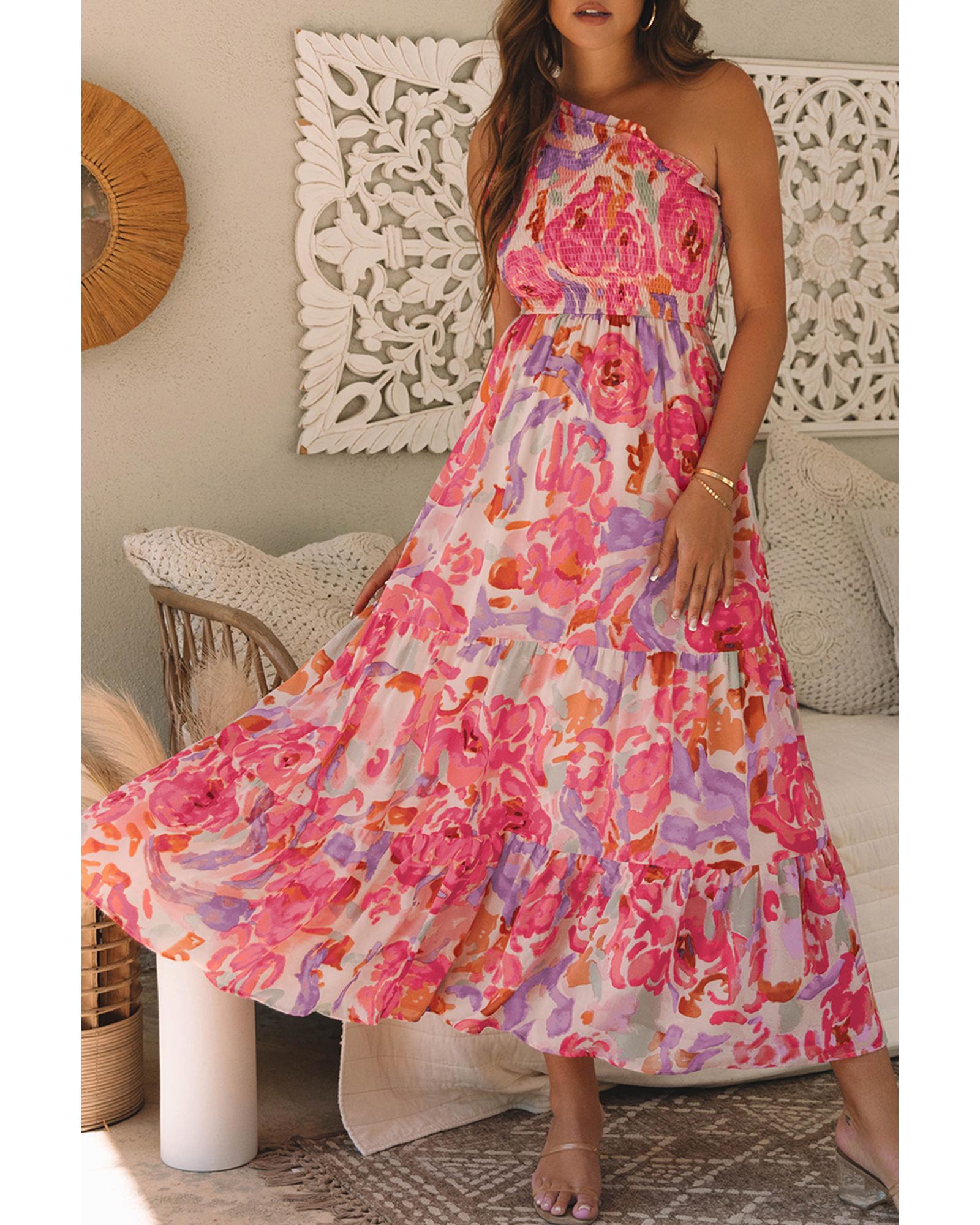 Pink Abstract Floral Print Shirred One Shoulder Maxi Dress - L