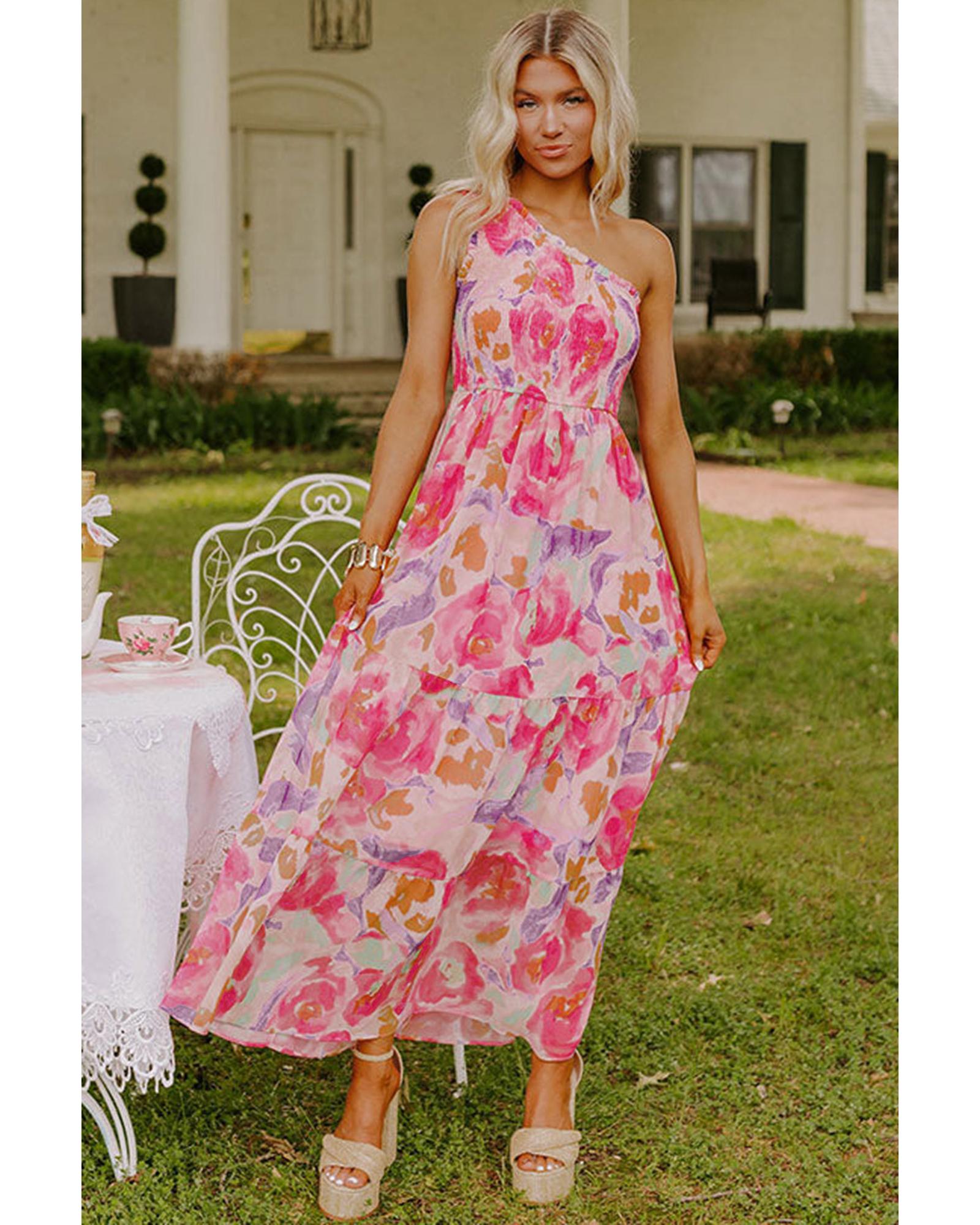 Pink Abstract Floral Print Shirred One Shoulder Maxi Dress - L