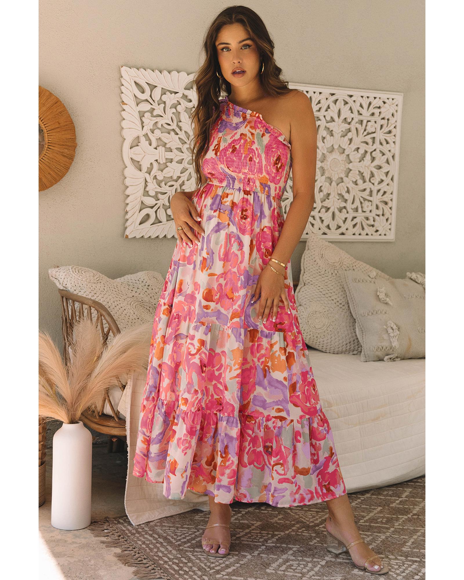 Pink Abstract Floral Print Shirred One Shoulder Maxi Dress - M