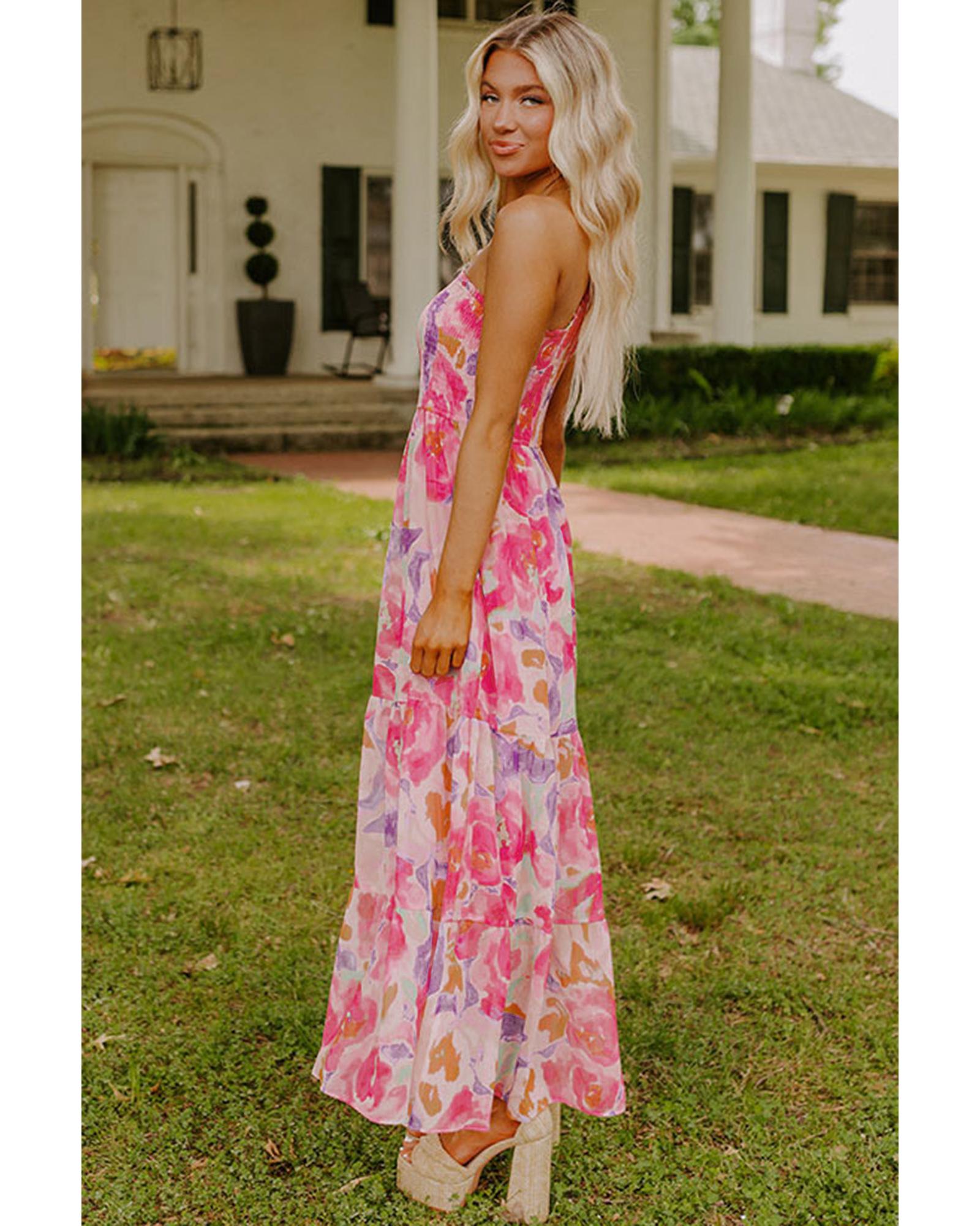 Pink Abstract Floral Print Shirred One Shoulder Maxi Dress - S