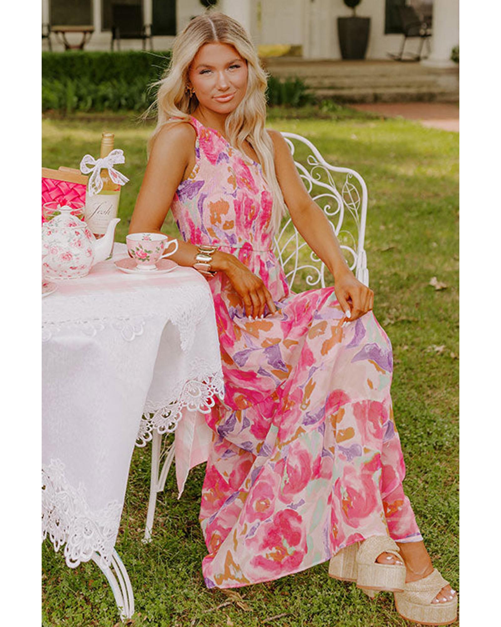 Pink Abstract Floral Print Shirred One Shoulder Maxi Dress - S