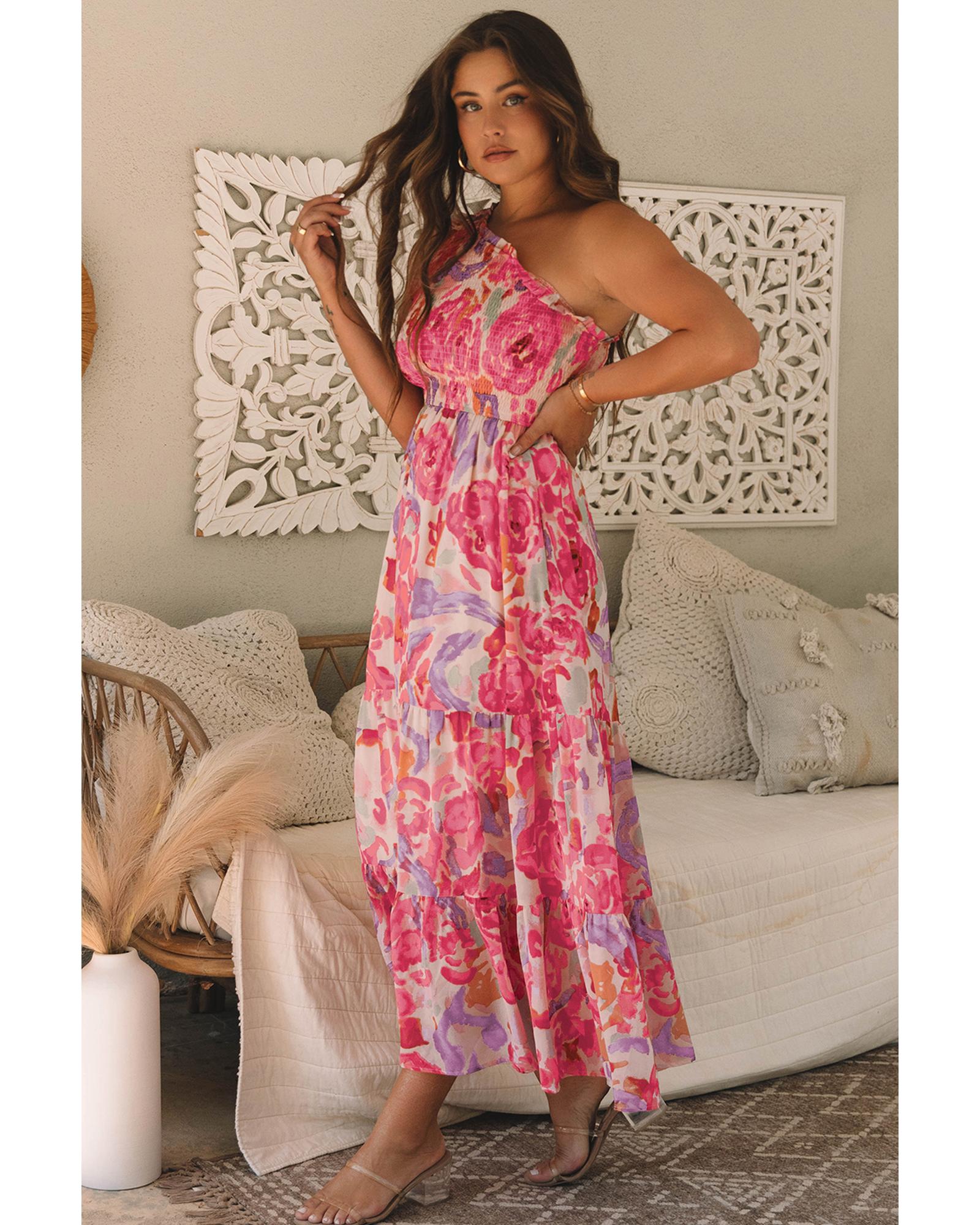 Pink Abstract Floral Print Shirred One Shoulder Maxi Dress - XL