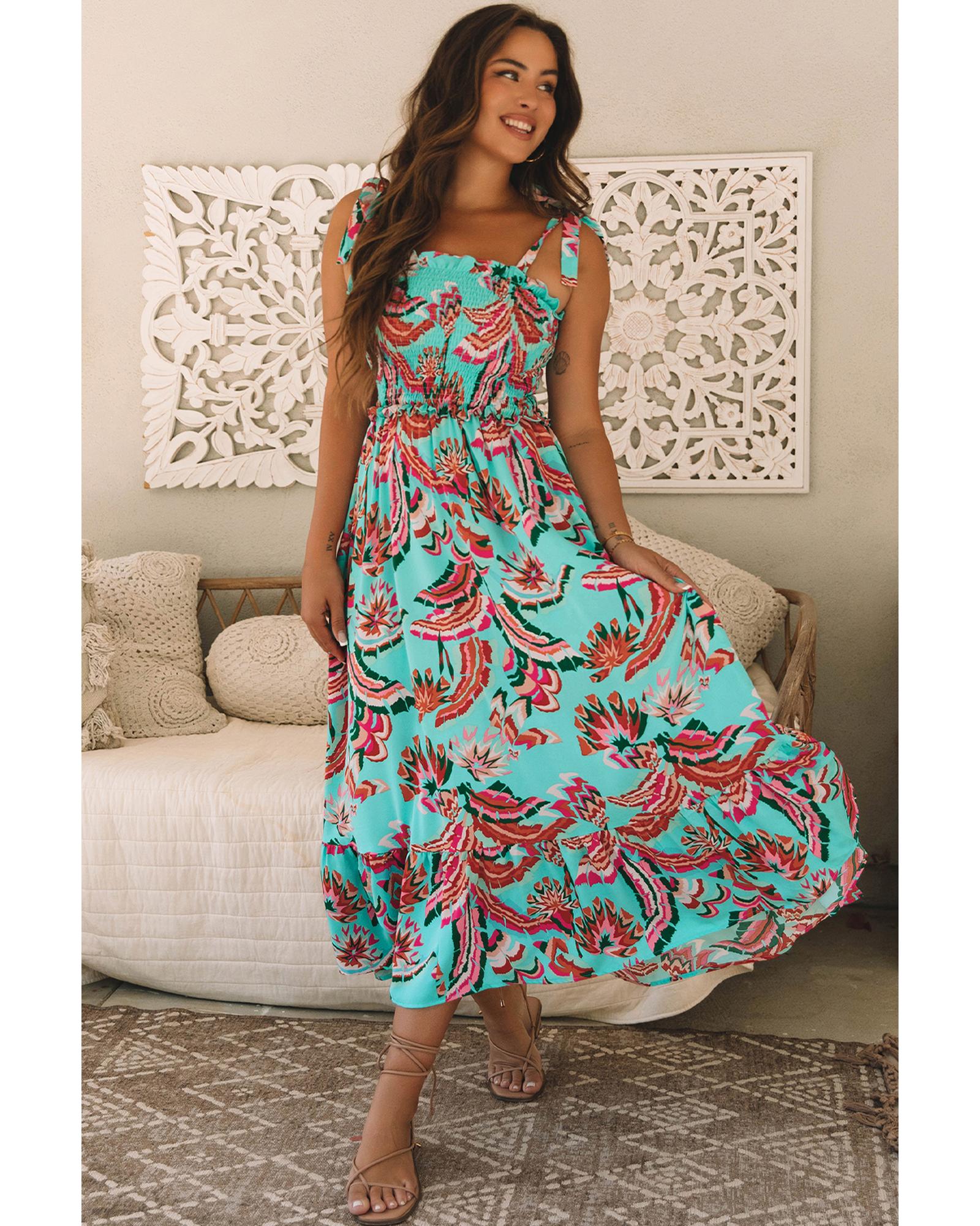 Green Abstract Print Smocked Bodice Knotted Straps Ruffled Maxi Dress - L