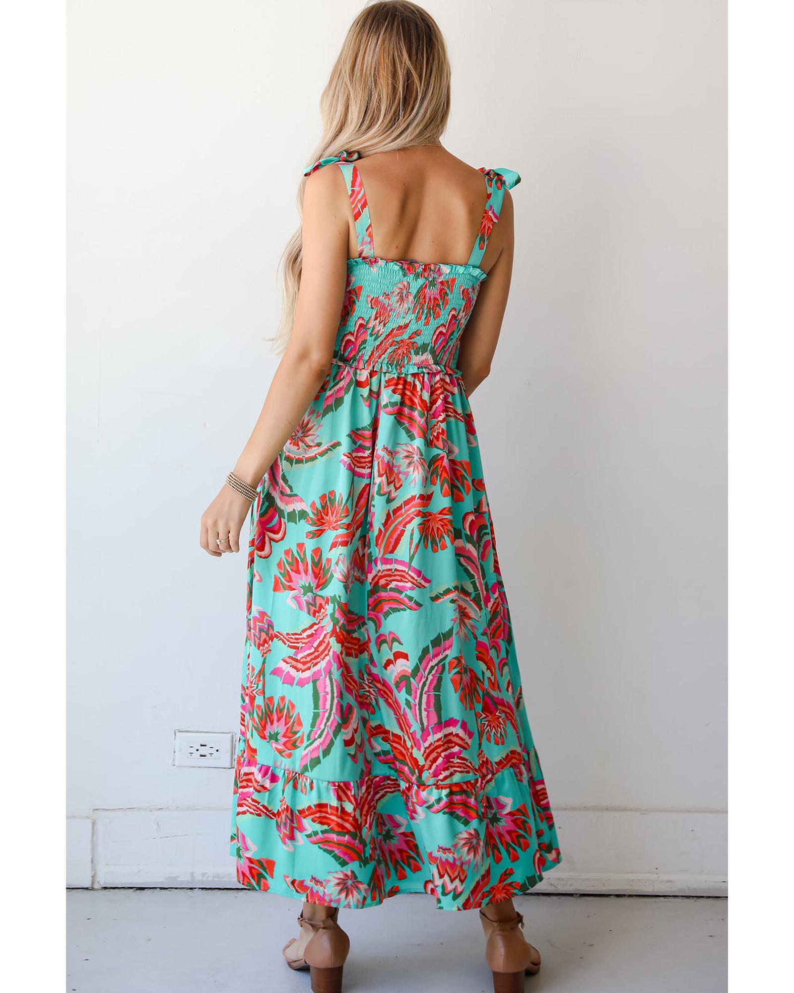 Green Abstract Print Smocked Bodice Knotted Straps Ruffled Maxi Dress - L