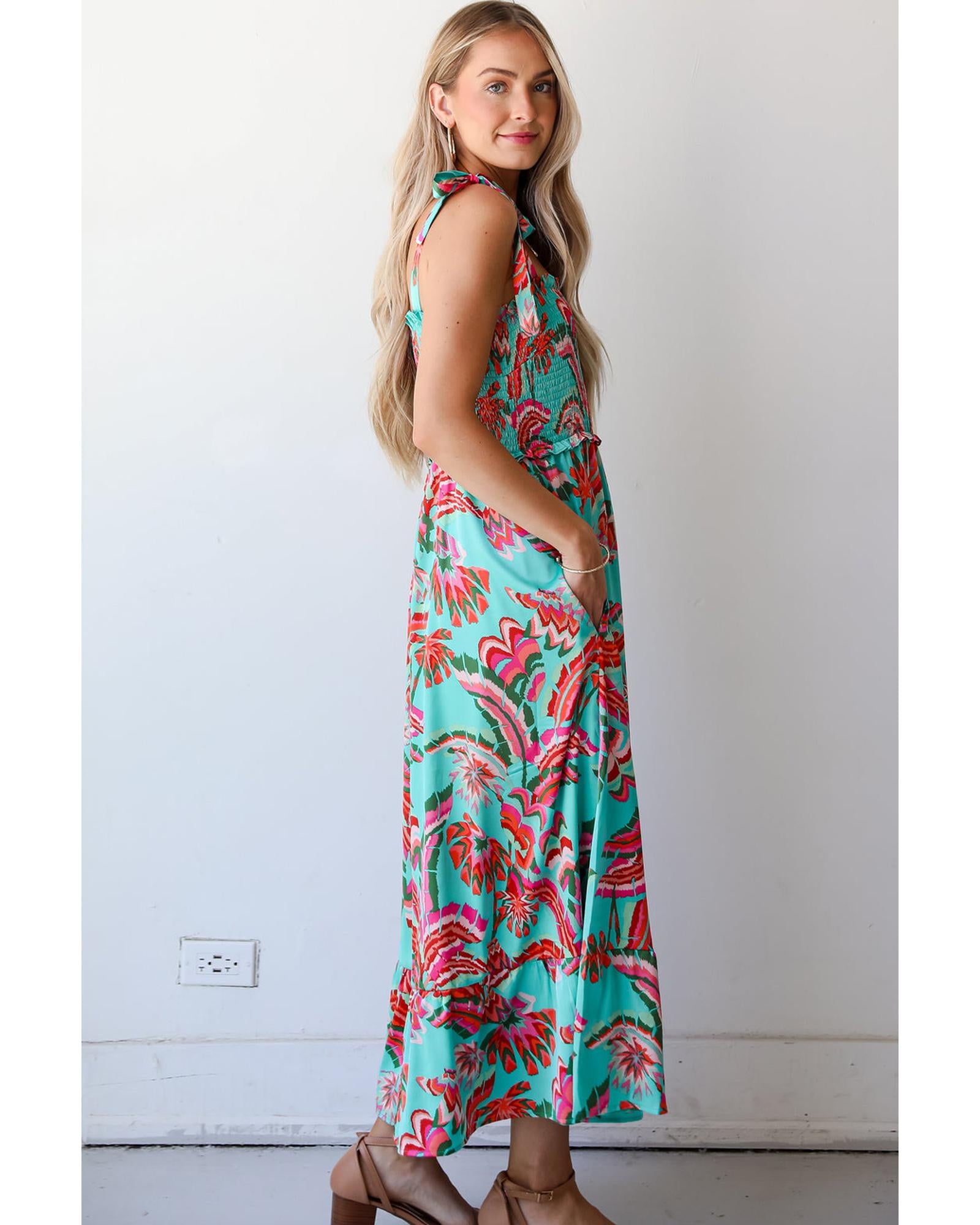 Green Abstract Print Smocked Bodice Knotted Straps Ruffled Maxi Dress - L