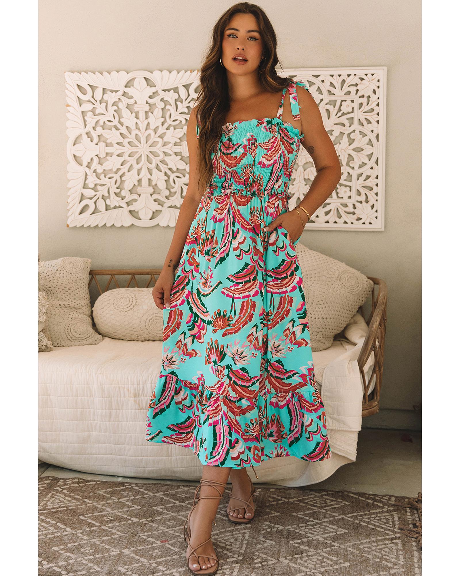 Green Abstract Print Smocked Bodice Knotted Straps Ruffled Maxi Dress - M