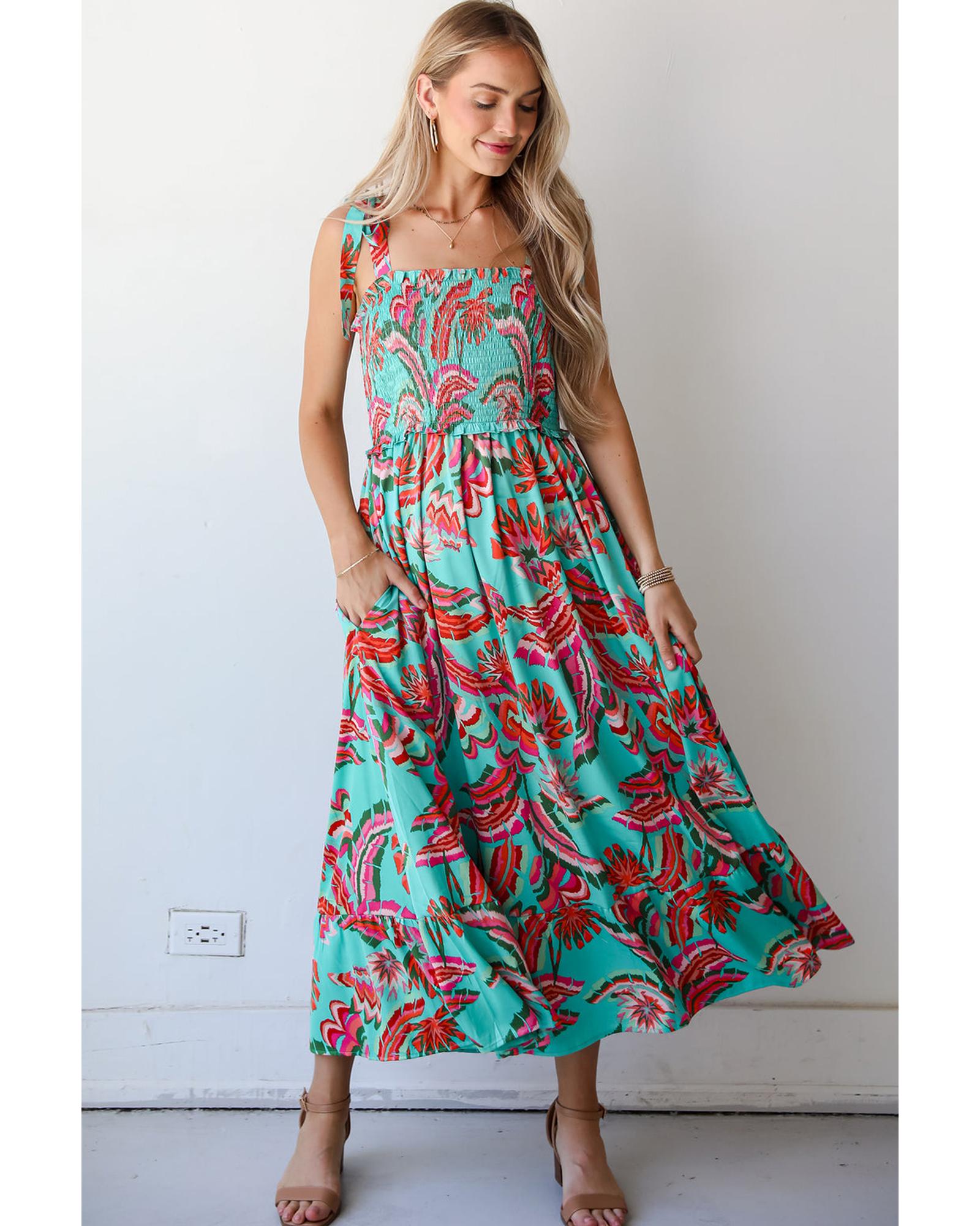 Green Abstract Print Smocked Bodice Knotted Straps Ruffled Maxi Dress - M